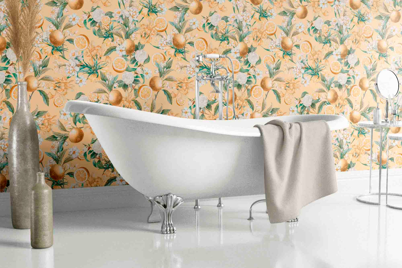 yellow_wallpaper displaying a floral pattern with golden yellow lemon fruits and green leaves on a yellow background.