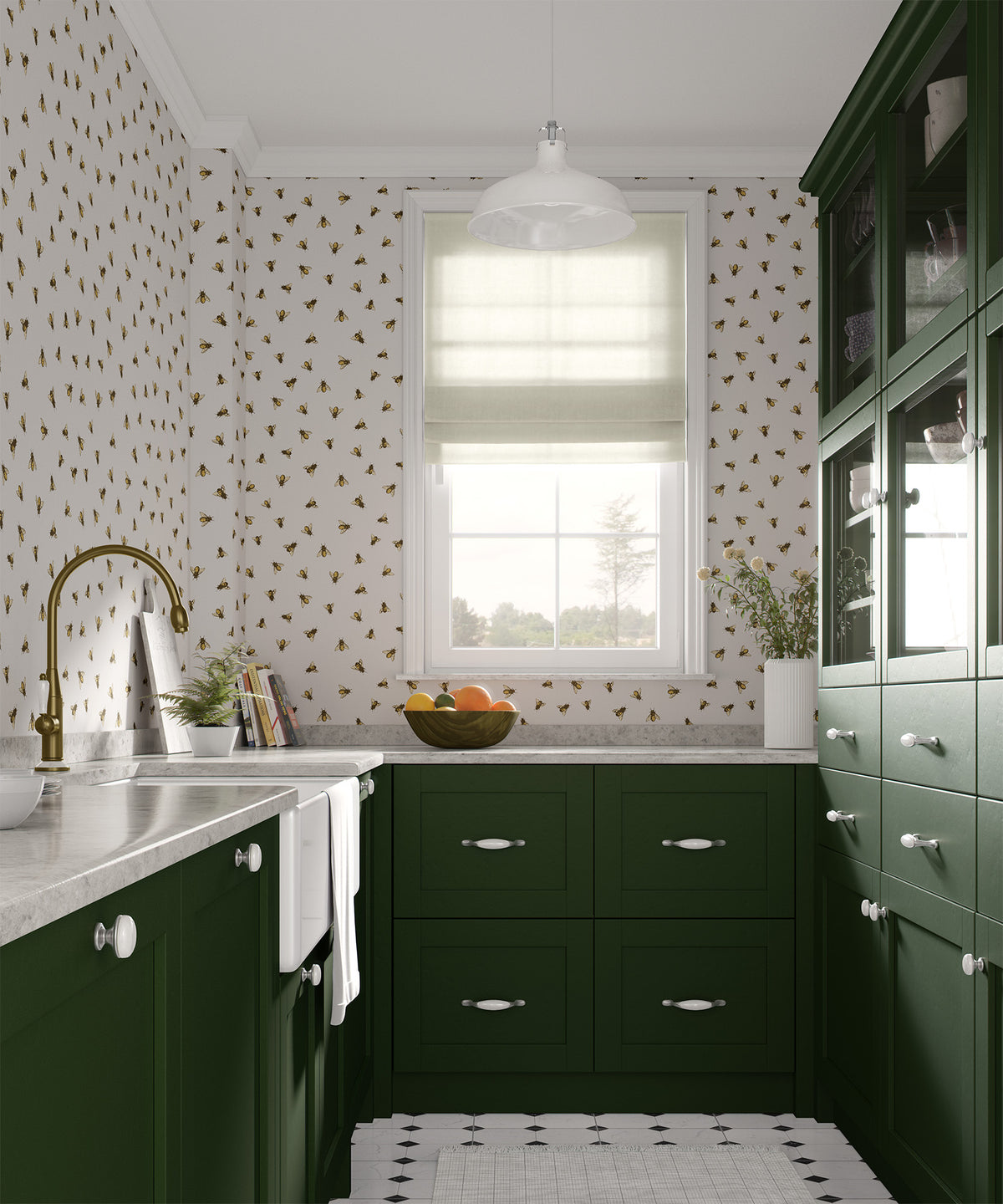 yellow_A wallpaper pattern featuring a repeating design of bees in flight against a off white background in a moody green kitchen