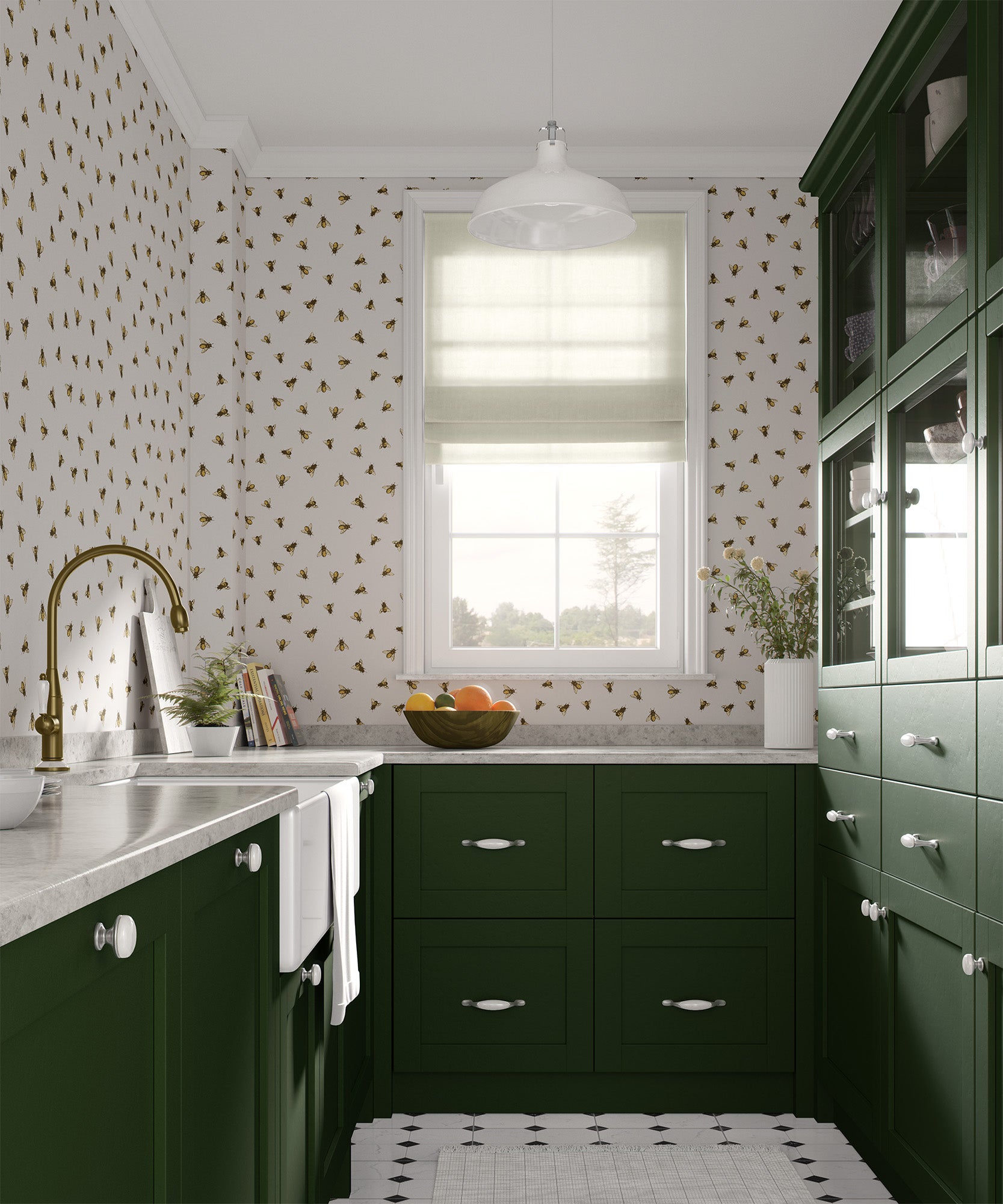 yellow_A wallpaper pattern featuring a repeating design of bees in flight against a off white background in a moody green kitchen