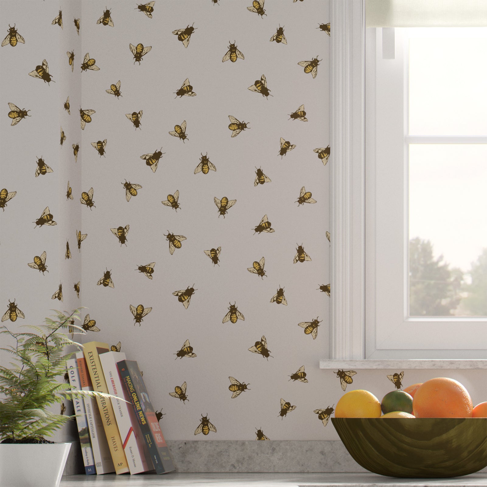 yellow_A wallpaper pattern featuring a repeating design of bees in flight against a off white background in a kitchen