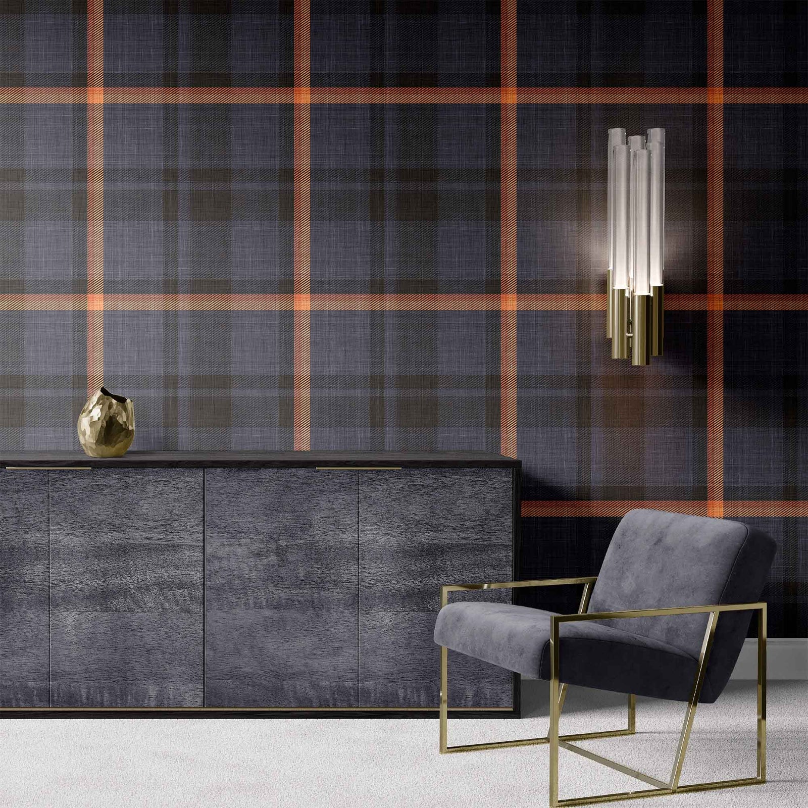 blue_plaid pattern with a combination of blue, orange and dark colors.