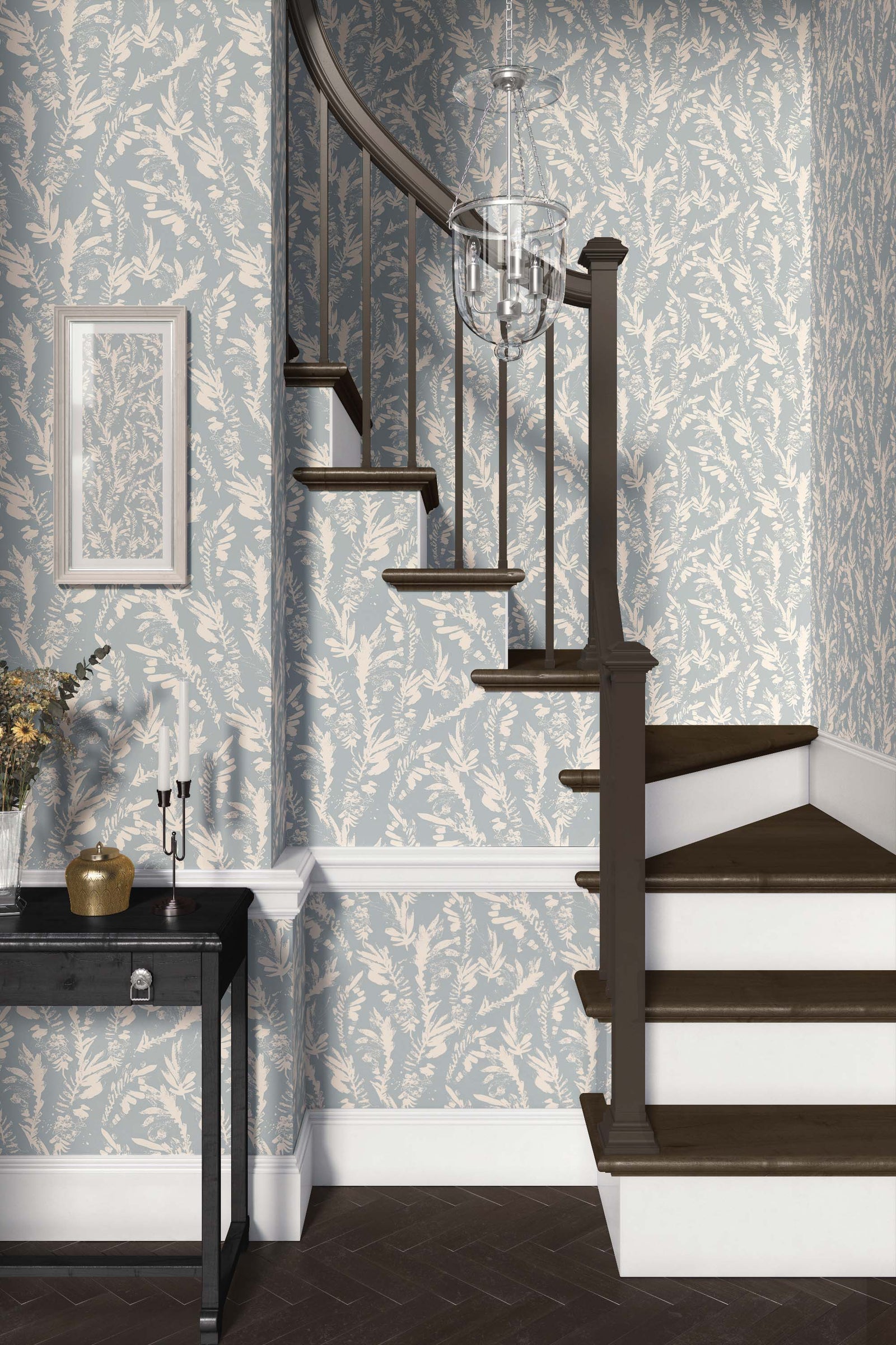 light-blue_A section of floral wallpaper with a pattern of off white wildflowers on a blue background in a foyer with a wooden staircase. 