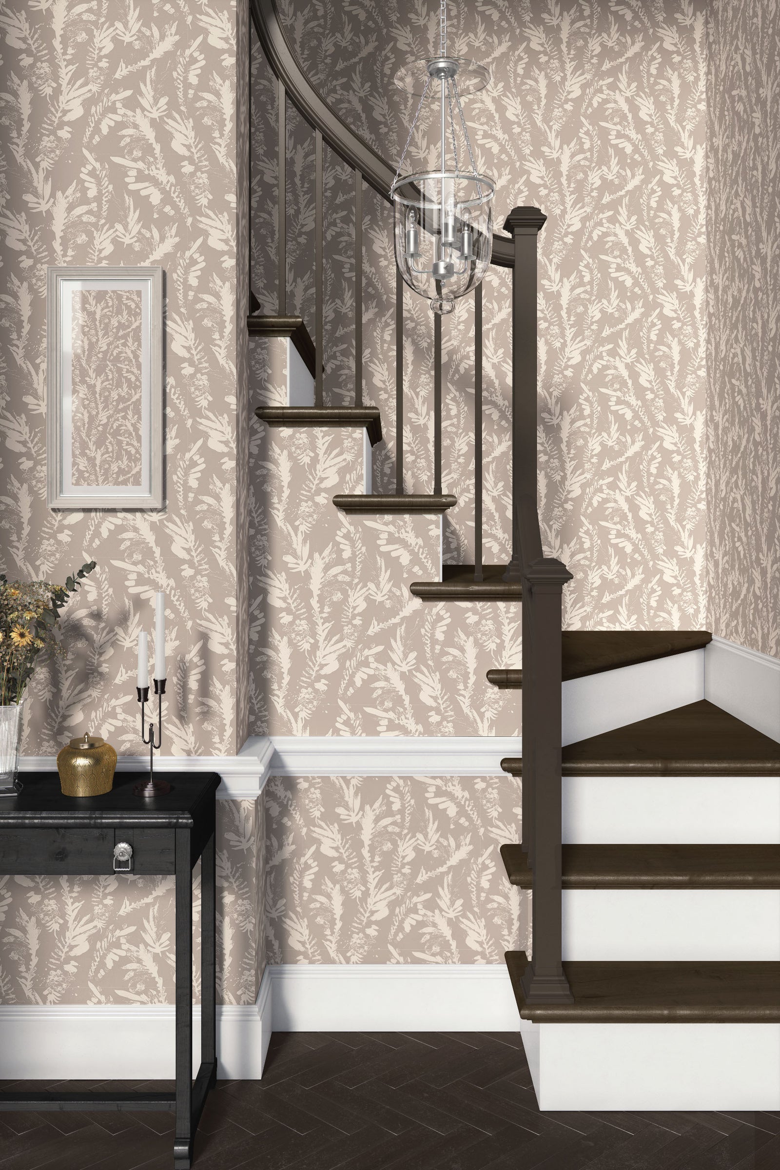 taupe_A section of floral wallpaper with a pattern of off white wildflowers on a taupe background in a foyer with a wooden staircase.