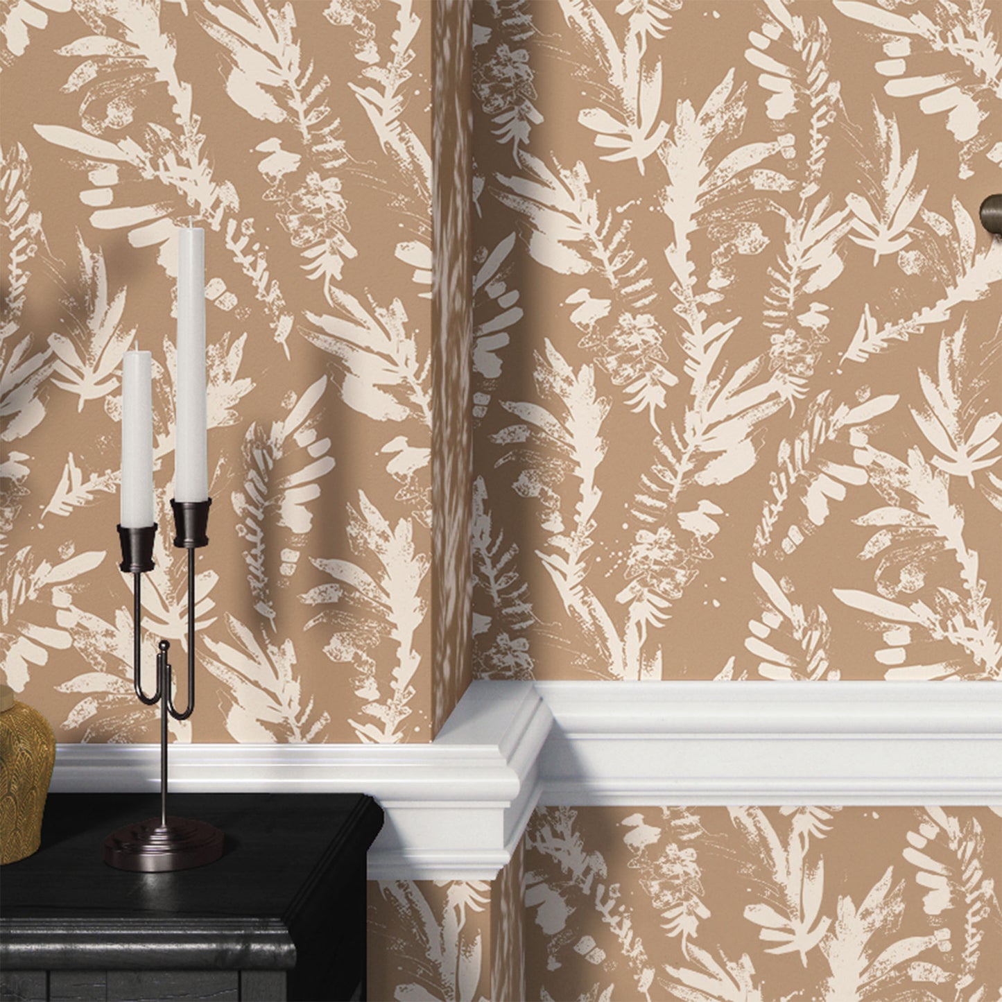 tan_A section of floral wallpaper with a pattern of off white wildflowers on a tan background.