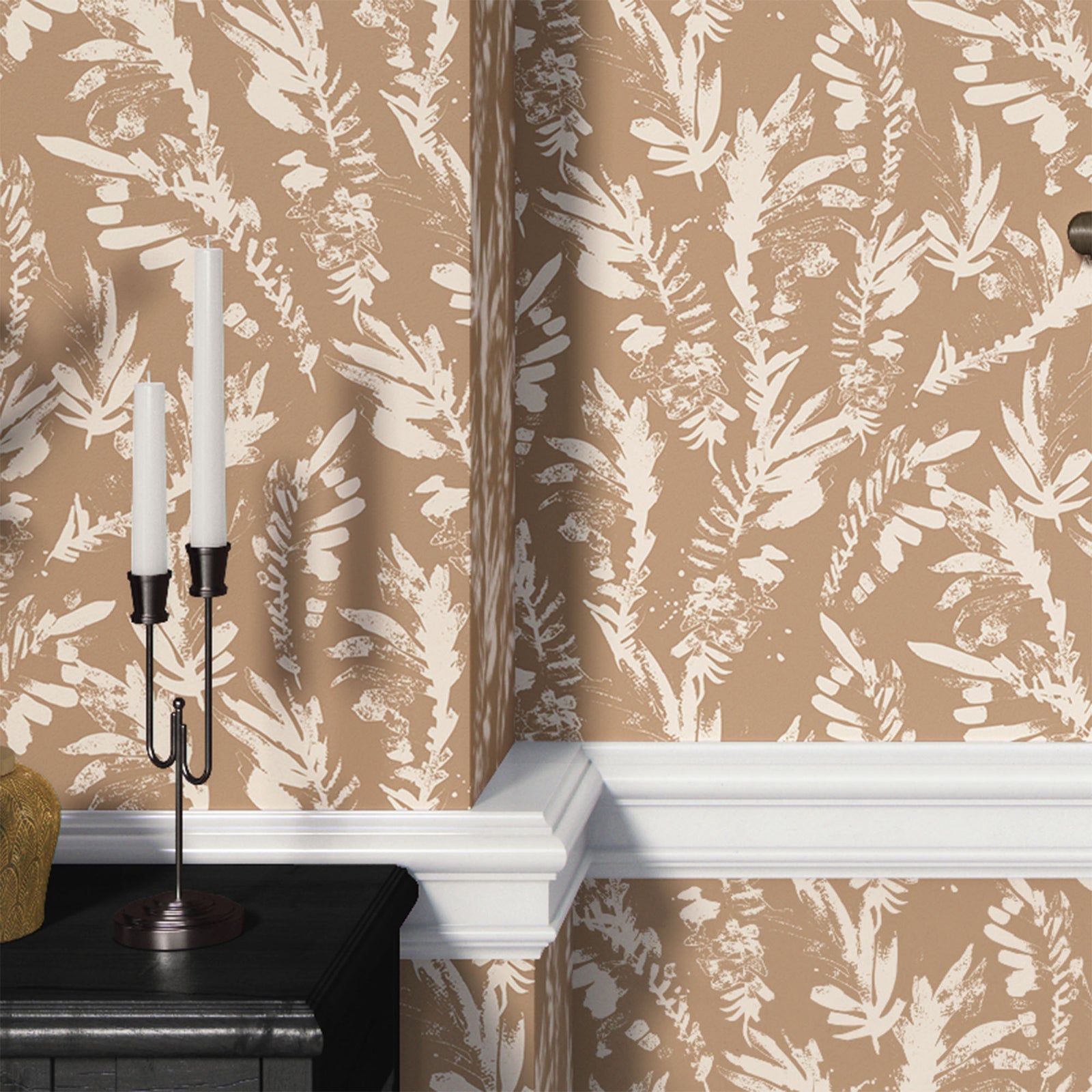 tan_A section of floral wallpaper with a pattern of off white wildflowers on a tan background.