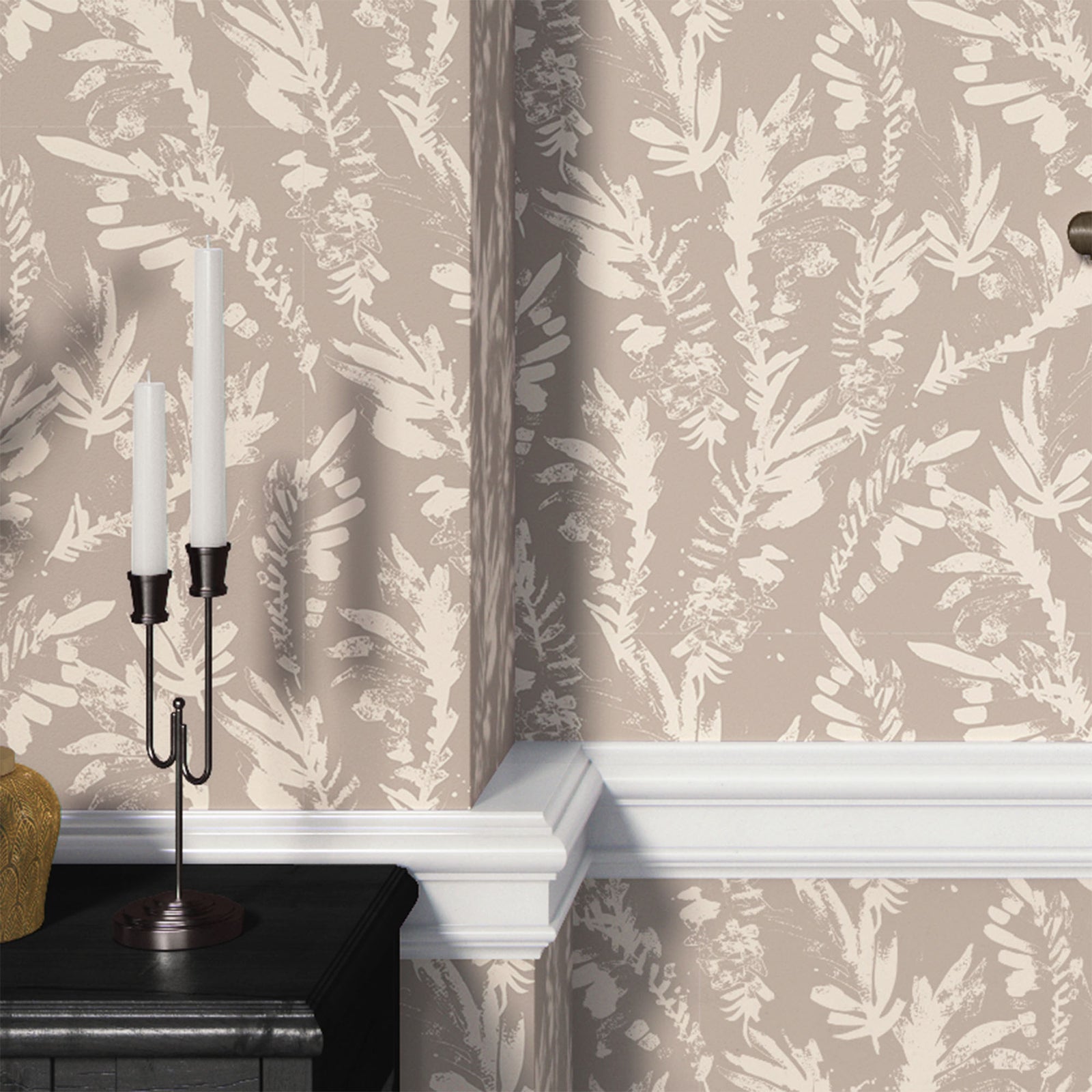 taupe_A section of floral wallpaper with a pattern of off white wildflowers on a taupe background.