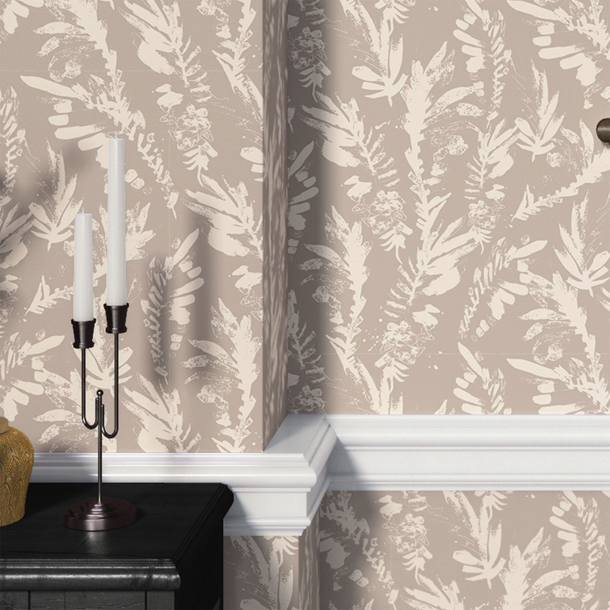 taupe_A section of floral wallpaper with a pattern of off white wildflowers on a taupe background.
