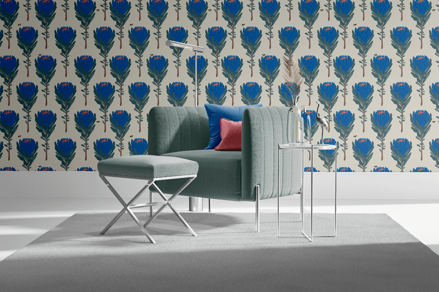 taupe_Seamless botanical pattern featuring stylized protea flowers in deep blue with green foliage, accented by small illustrated bees, set against a soft neutral background for a bold yet refined look in a room with a teal chair.