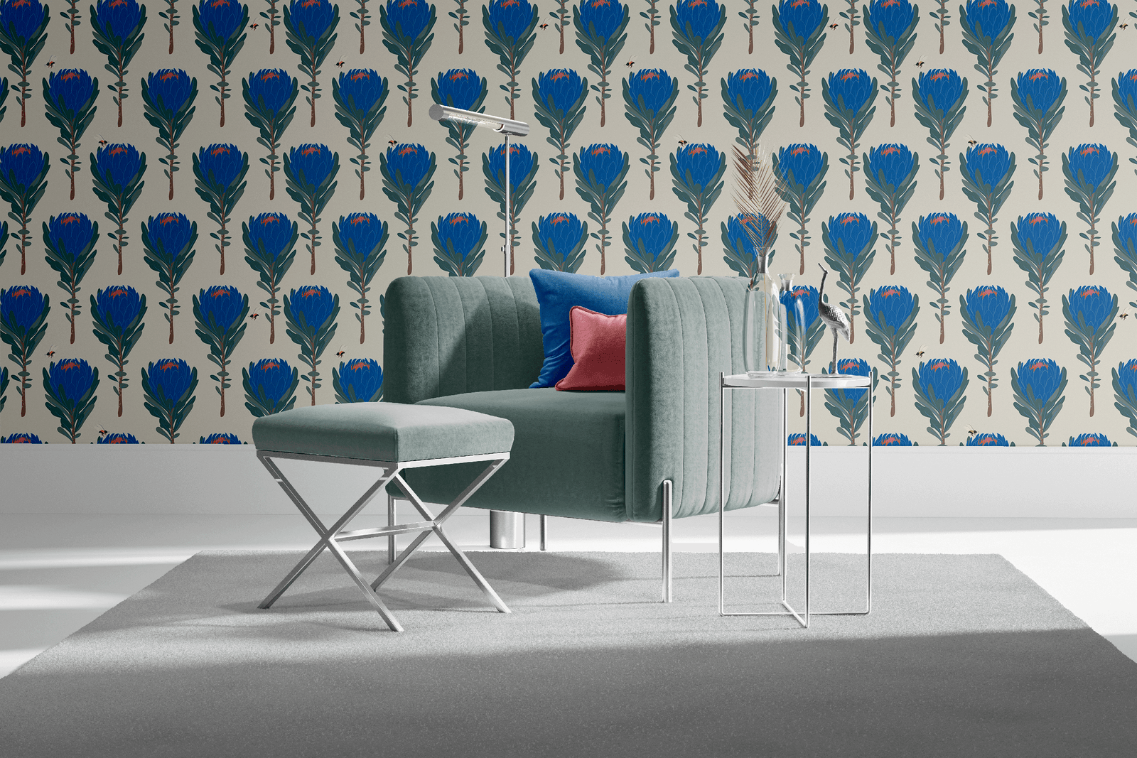 taupe_Seamless botanical pattern featuring stylized protea flowers in deep blue with green foliage, accented by small illustrated bees, set against a soft neutral background for a bold yet refined look in a room with a teal chair.