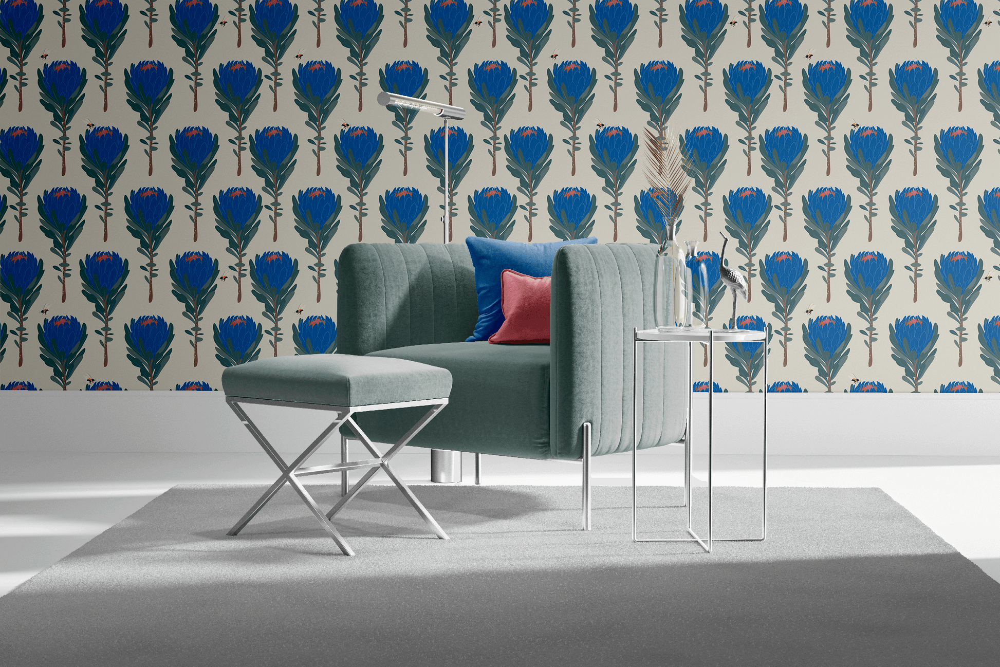 taupe_Seamless botanical pattern featuring stylized protea flowers in deep blue with green foliage, accented by small illustrated bees, set against a soft neutral background for a bold yet refined look in a room with a teal chair.