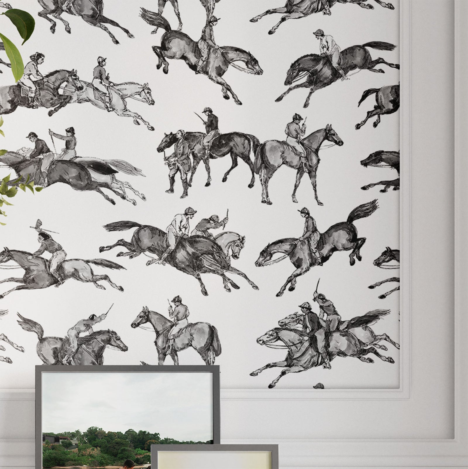 black-white_Wallpaper pattern consisting of derby horse riders