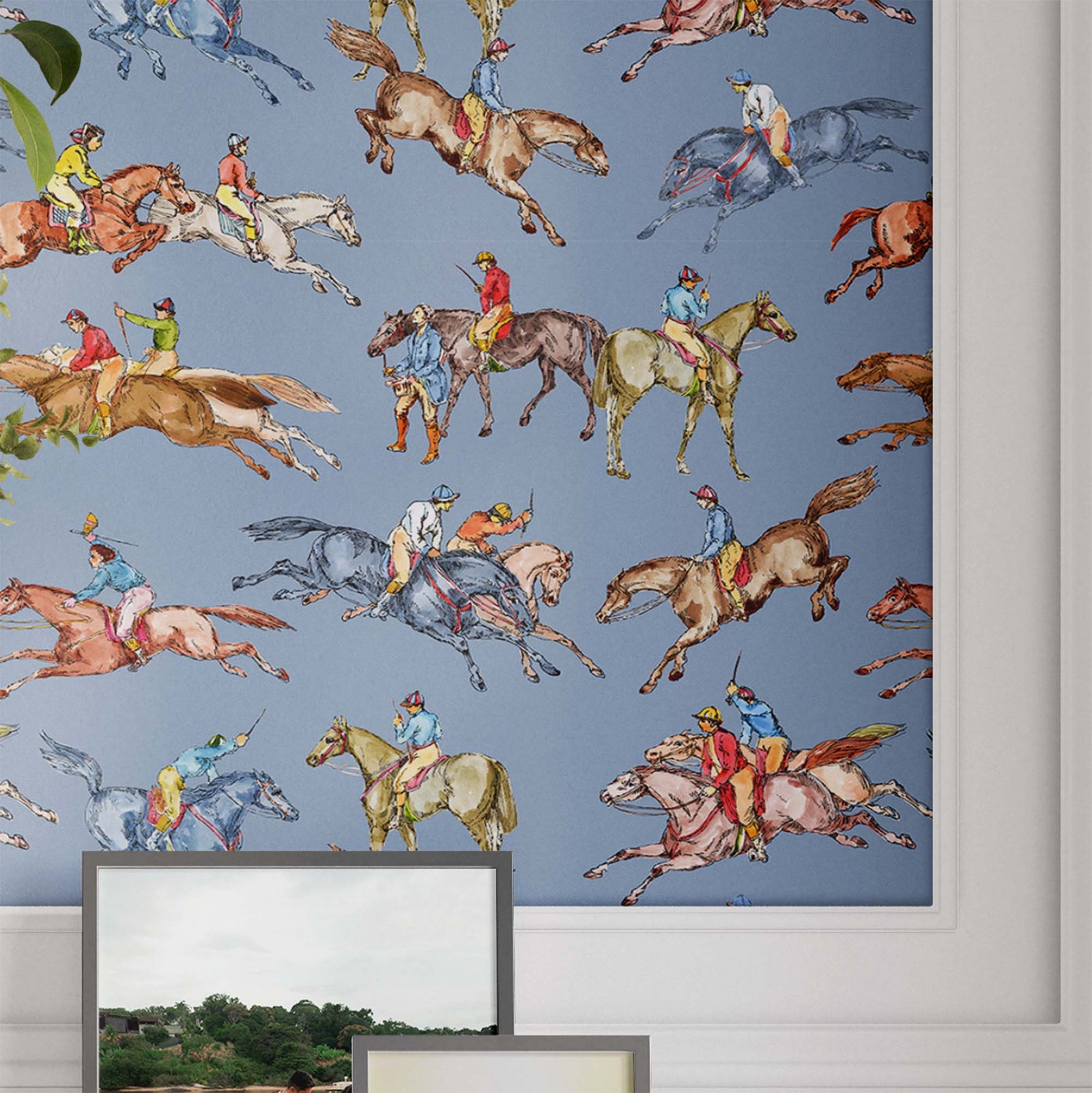 blue_Wallpaper pattern consisting of colorful derby horse riders on a blue background
