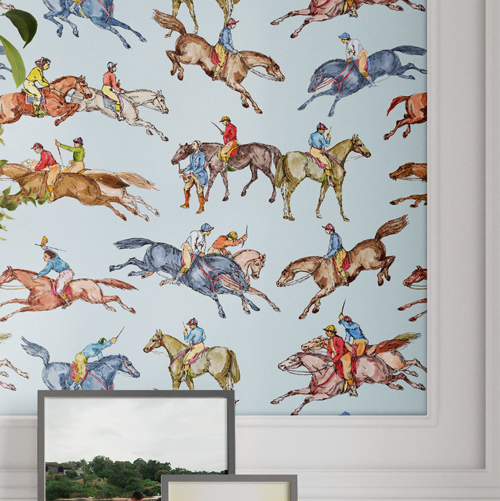 light-blue_Wallpaper pattern consisting of colorful derby horse riders on a light blue background