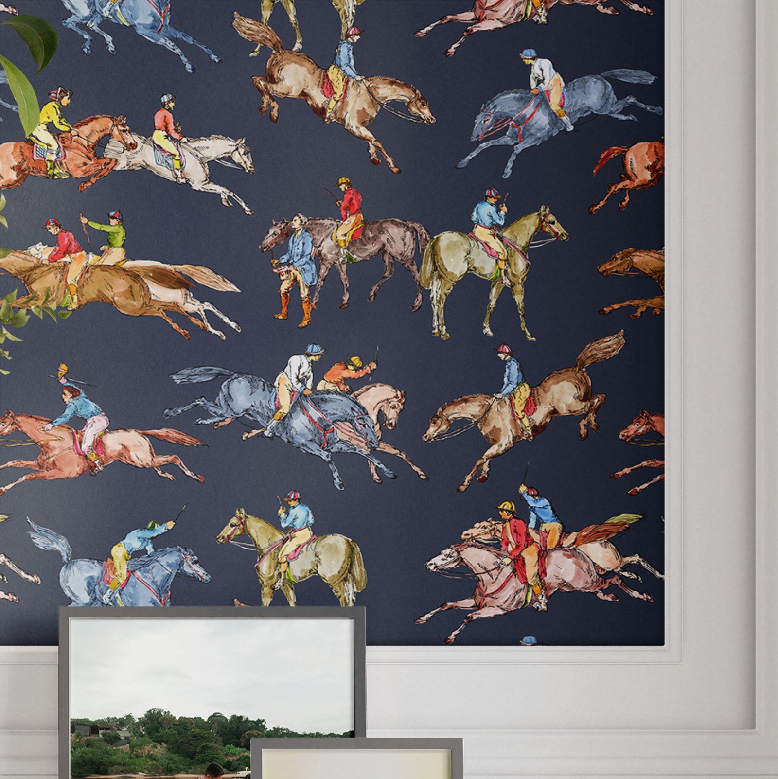 navy_Wallpaper pattern consisting of colorful derby horse riders on a light navy background