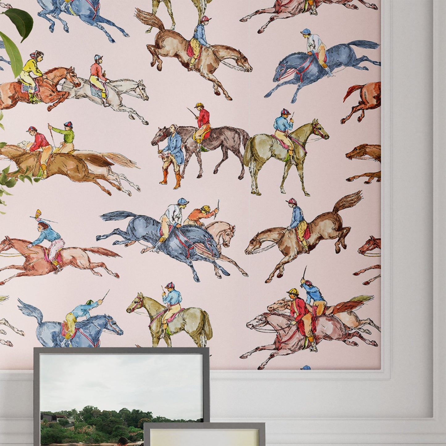 pink_Wallpaper pattern consisting of colorful derby horse riders on a pink background