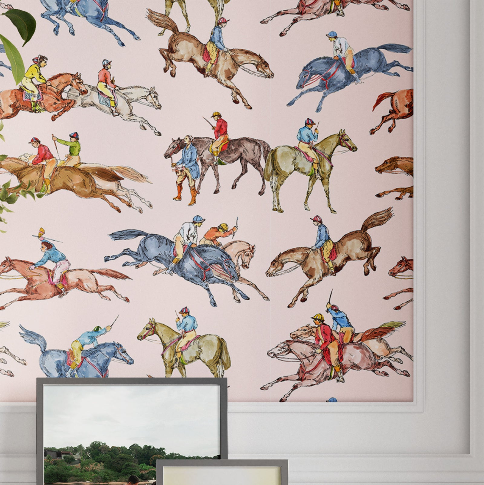 pink_Wallpaper pattern consisting of colorful derby horse riders on a pink background