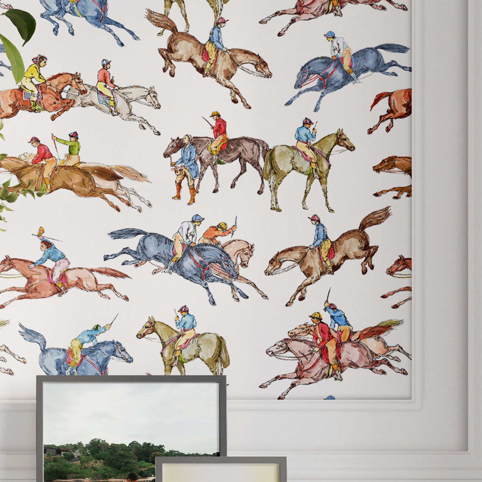 white_Wallpaper pattern consisting of colorful derby horse riders on a white background
