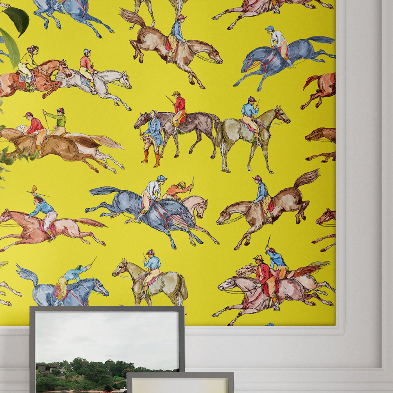 yellow_Wallpaper pattern consisting of colorful derby horse riders on a yellow background