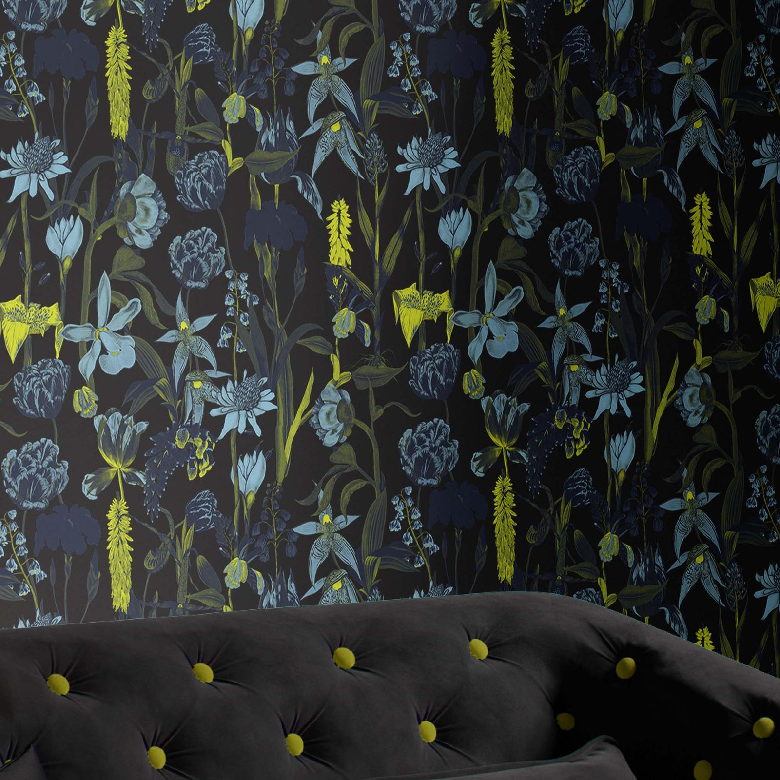 black_wallpaper displaying a floral pattern with various flowers in shades of dark blue, gray, and yellow on a black background.