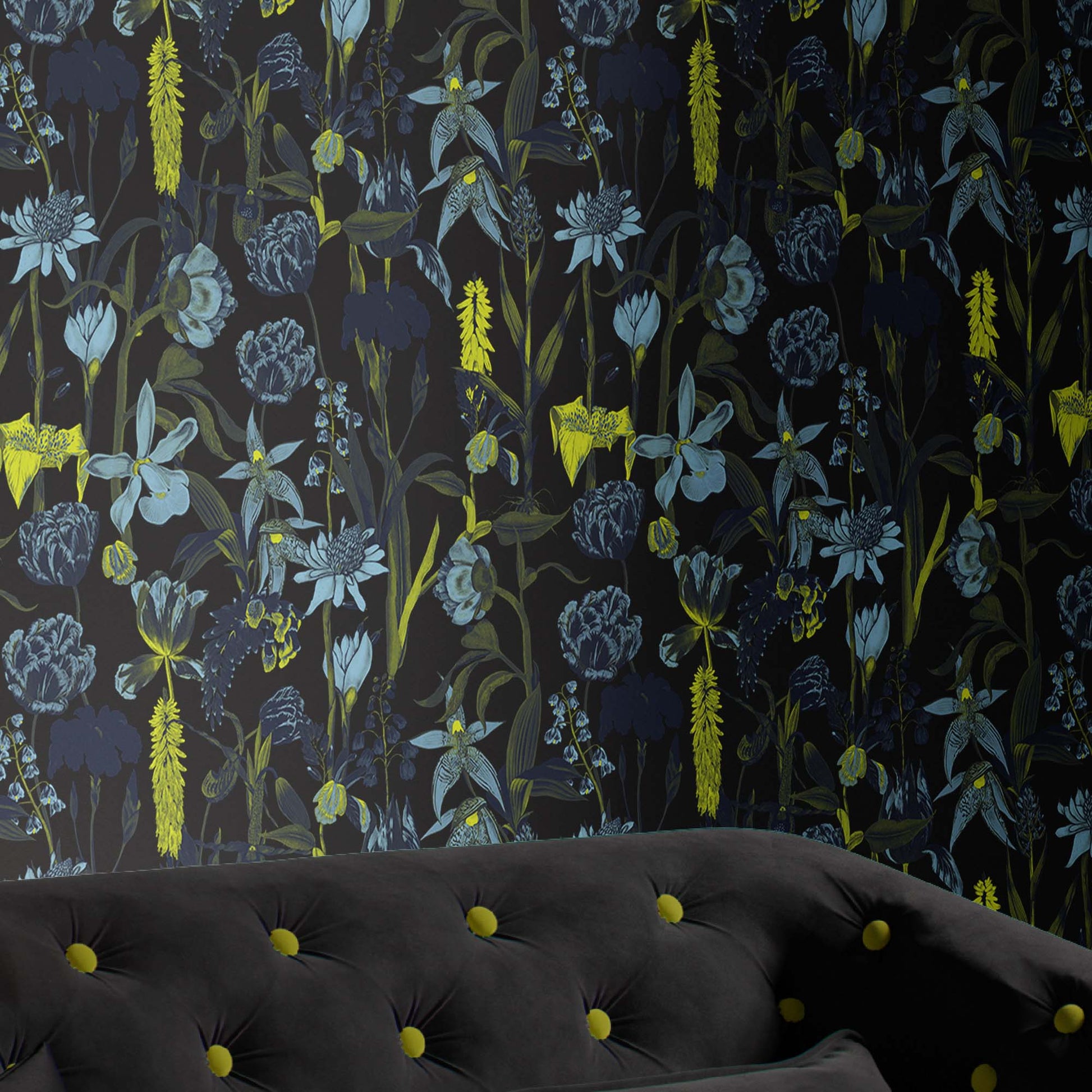 black_wallpaper displaying a floral pattern with various flowers in shades of dark blue, gray, and yellow on a black background.