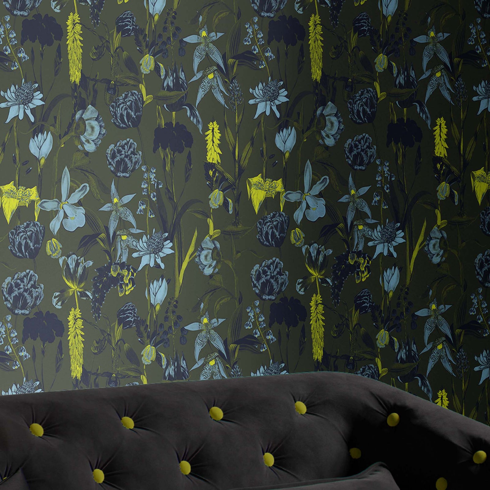 green_wallpaper displaying a floral pattern with various flowers in shades of dark blue, gray, and yellow on a green background.