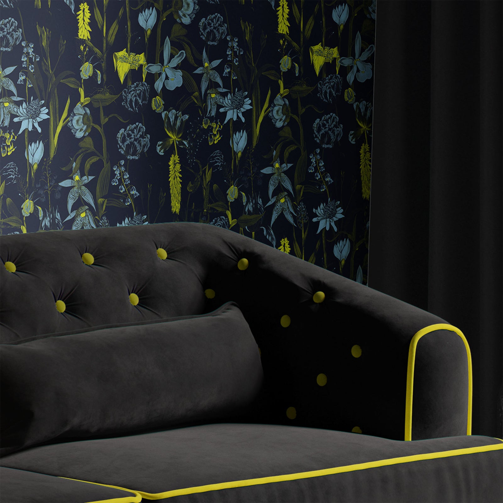 navy_wallpaper displaying a floral pattern with various flowers in shades of dark blue, gray, and yellow on a light navy background.