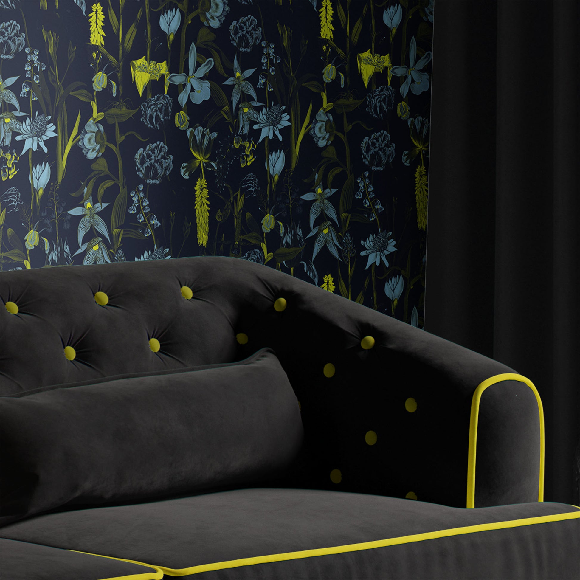 navy_wallpaper displaying a floral pattern with various flowers in shades of dark blue, gray, and yellow on a light navy background.