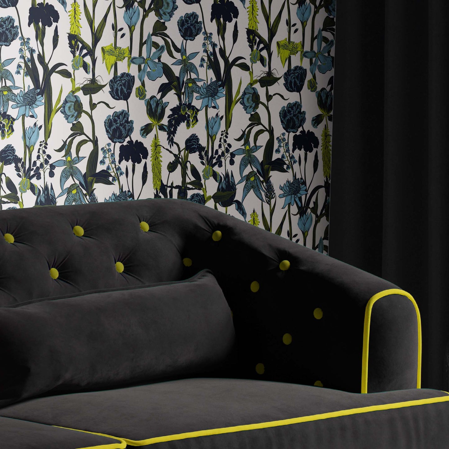 white_wallpaper displaying a floral pattern with various flowers in shades of dark blue, gray, and yellow on a light white background.