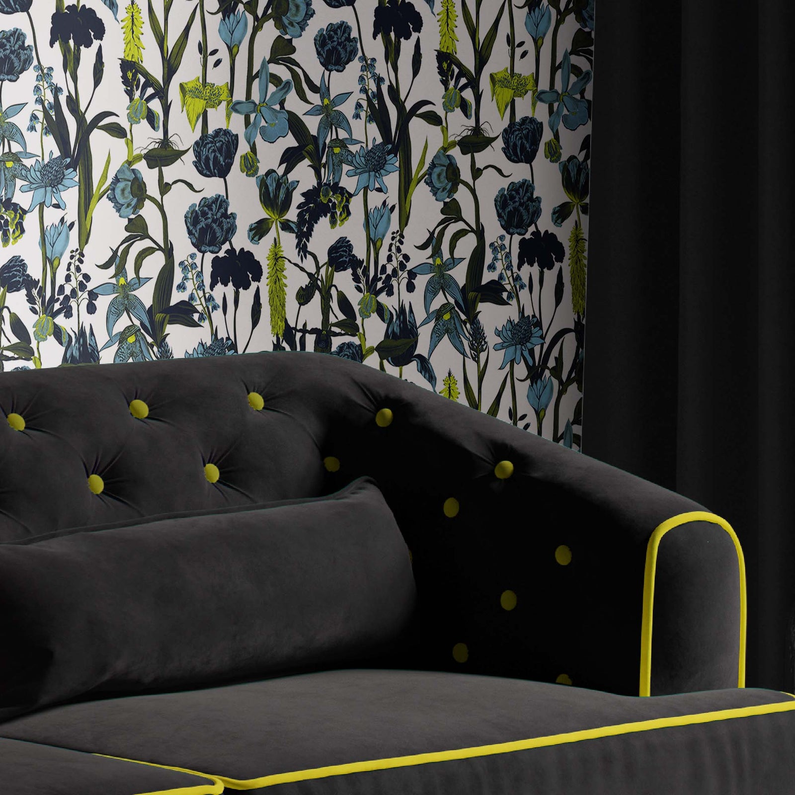 white_wallpaper displaying a floral pattern with various flowers in shades of dark blue, gray, and yellow on a light white background.
