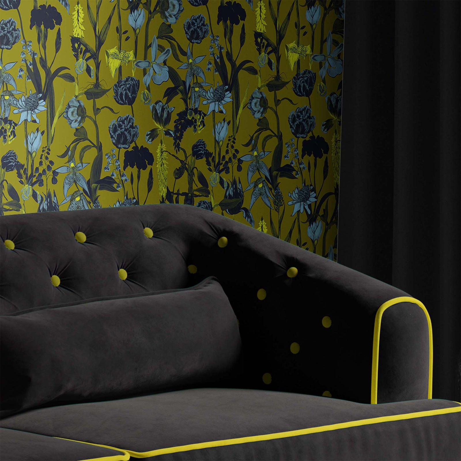 yellow_wallpaper displaying a floral pattern with various flowers in shades of dark blue, gray, and yellow on a light yellow background.