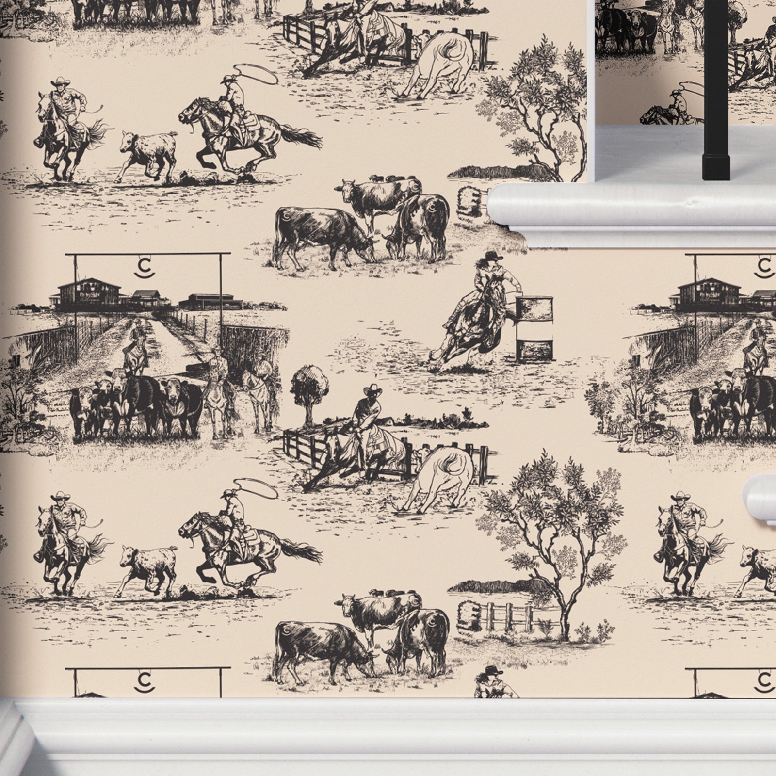 black-cream_traditional wallpaper featuring toile pattern with ranch scenes, including horses and cattle.