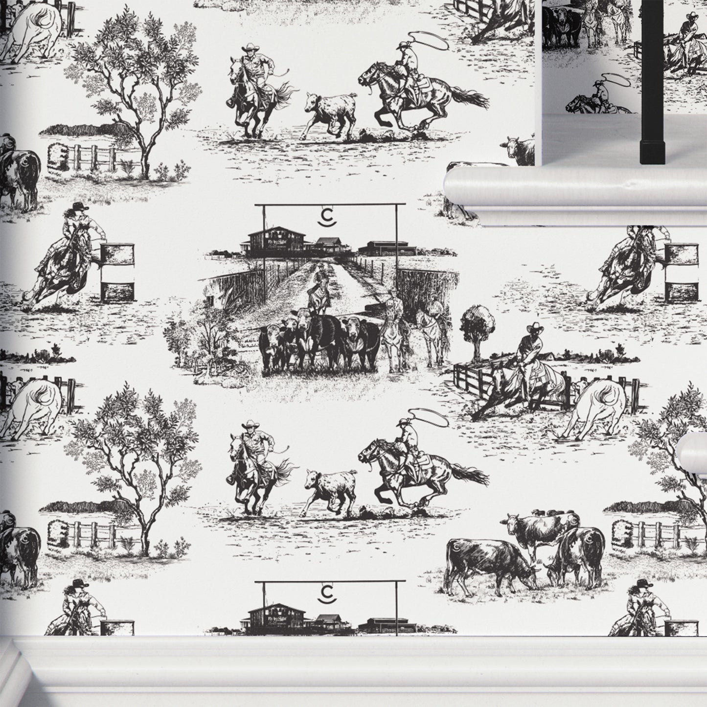 black-white_traditional wallpaper featuring toile pattern with ranch scenes, including horses and cattle.