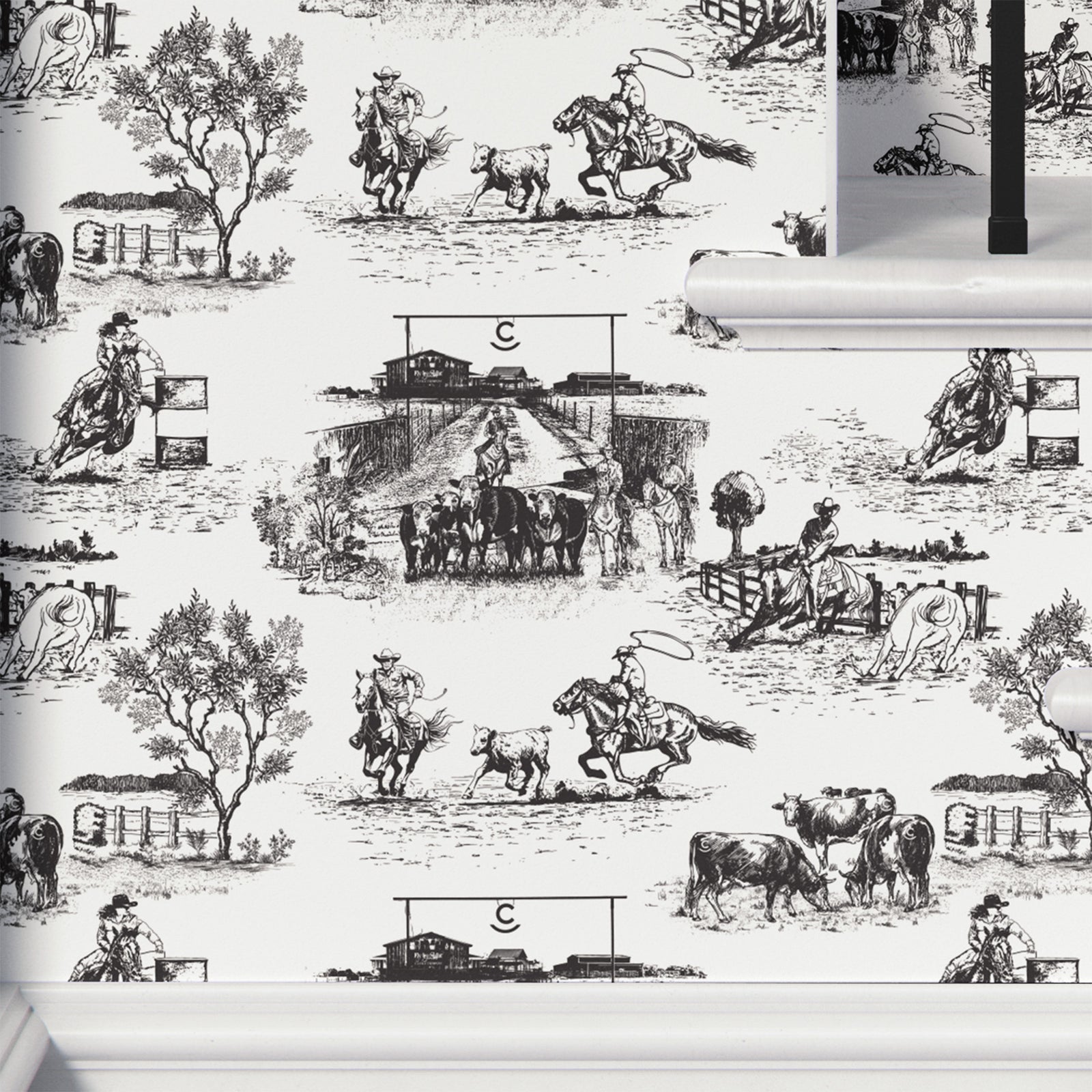 black-white_traditional wallpaper featuring toile pattern with ranch scenes, including horses and cattle.