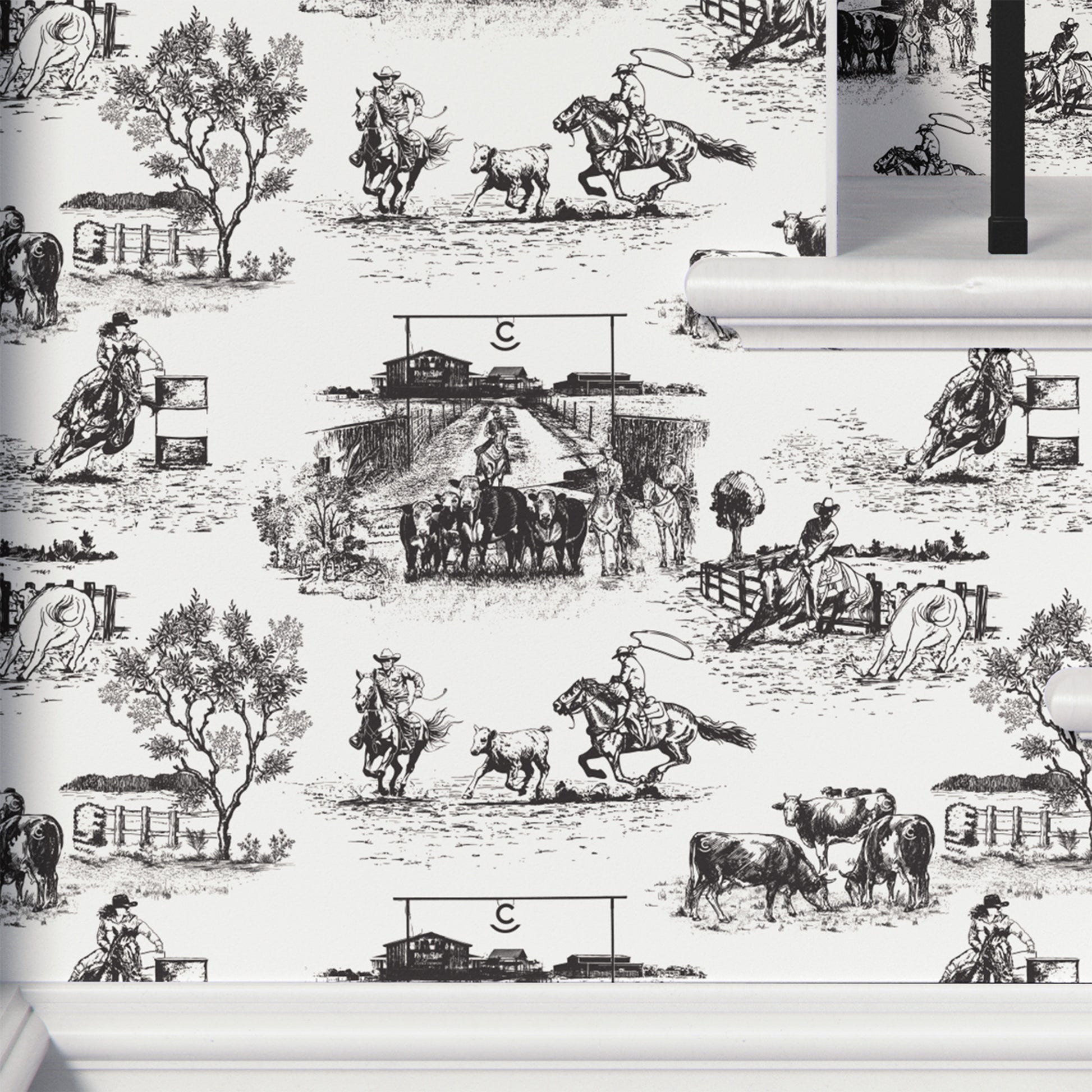 black-white_traditional wallpaper featuring toile pattern with ranch scenes, including horses and cattle.