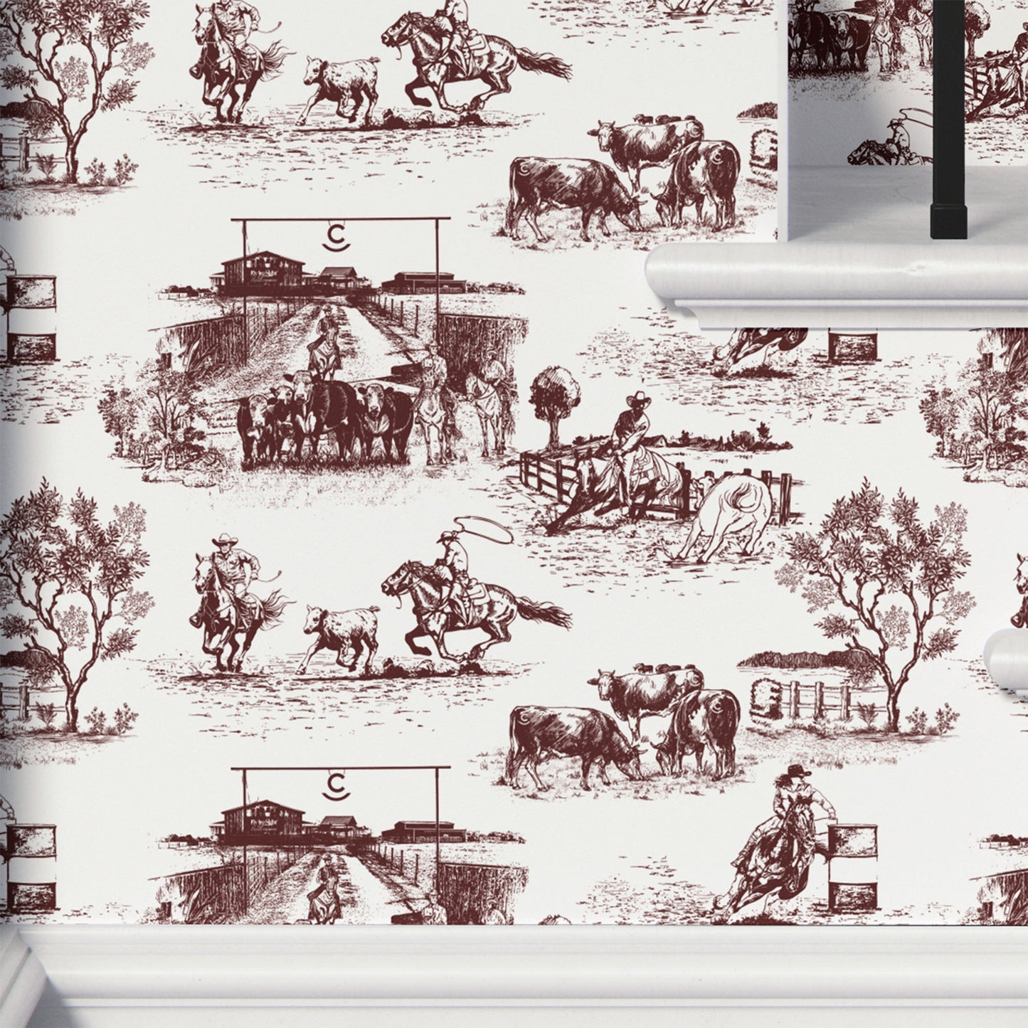 maroon_traditional wallpaper featuring toile pattern with ranch scenes, including horses and cattle.