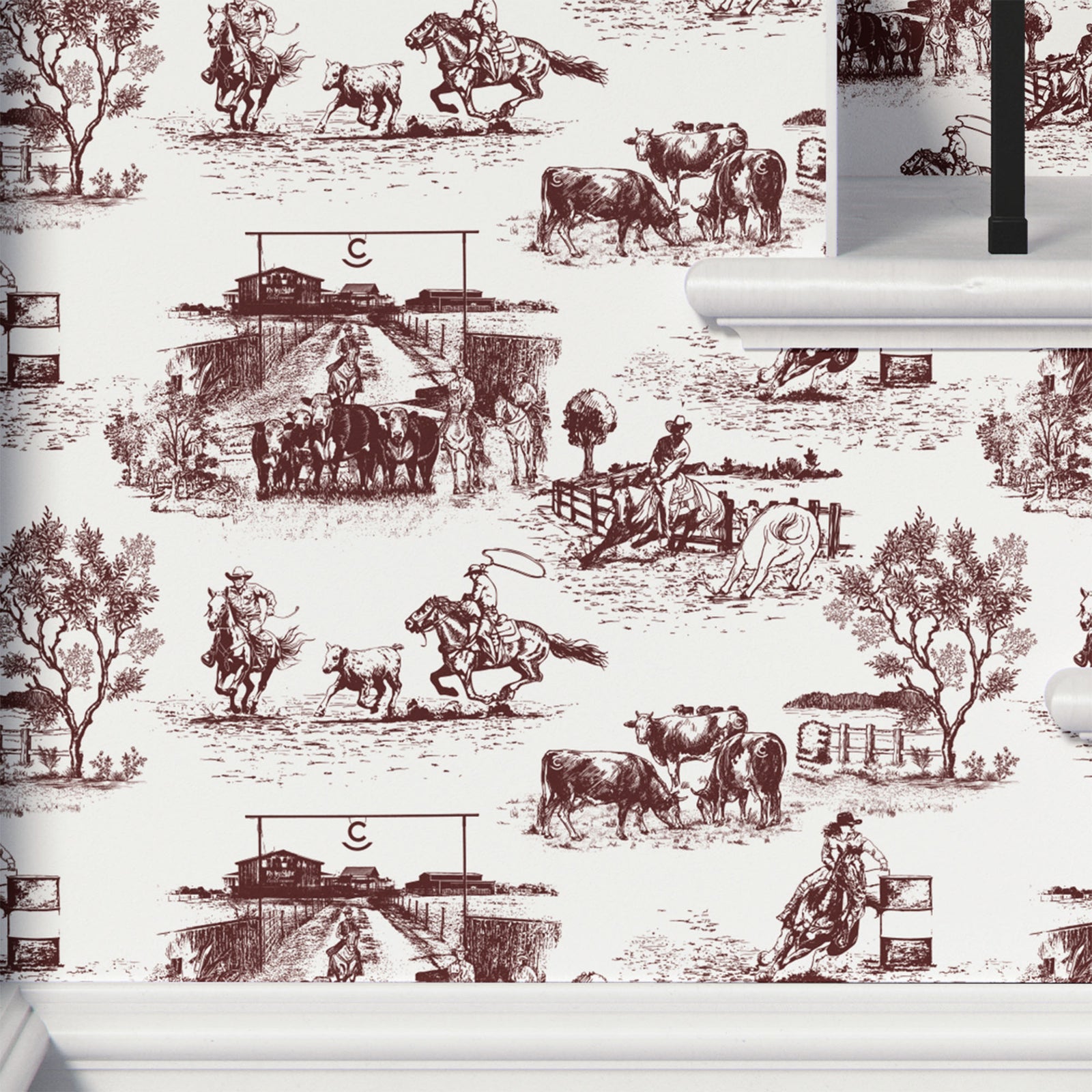 maroon_traditional wallpaper featuring toile pattern with ranch scenes, including horses and cattle.