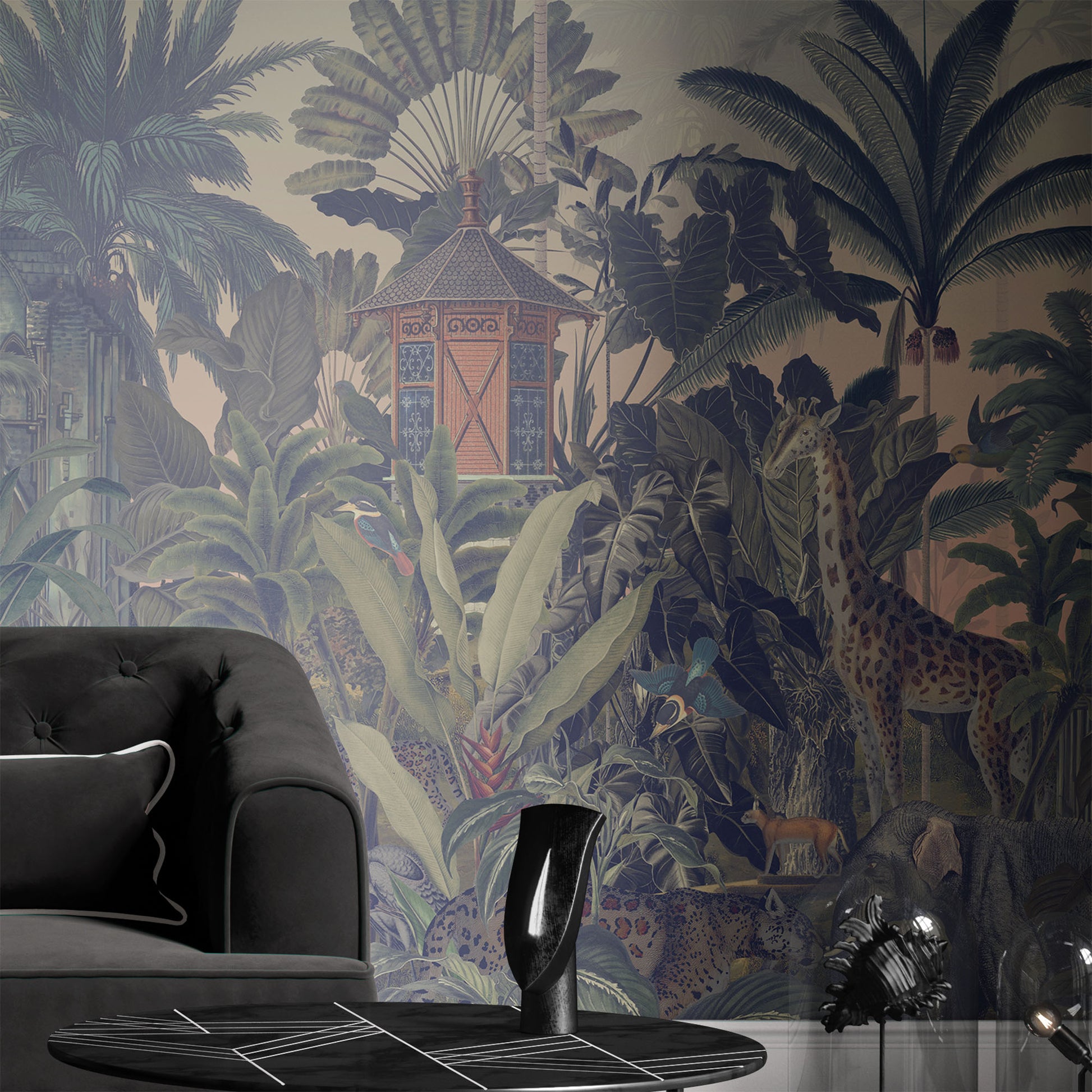 moody_A section of wallpaper showcasing a jungle scene with various plants, a small tower, and an animal which appears to be a giraffe.