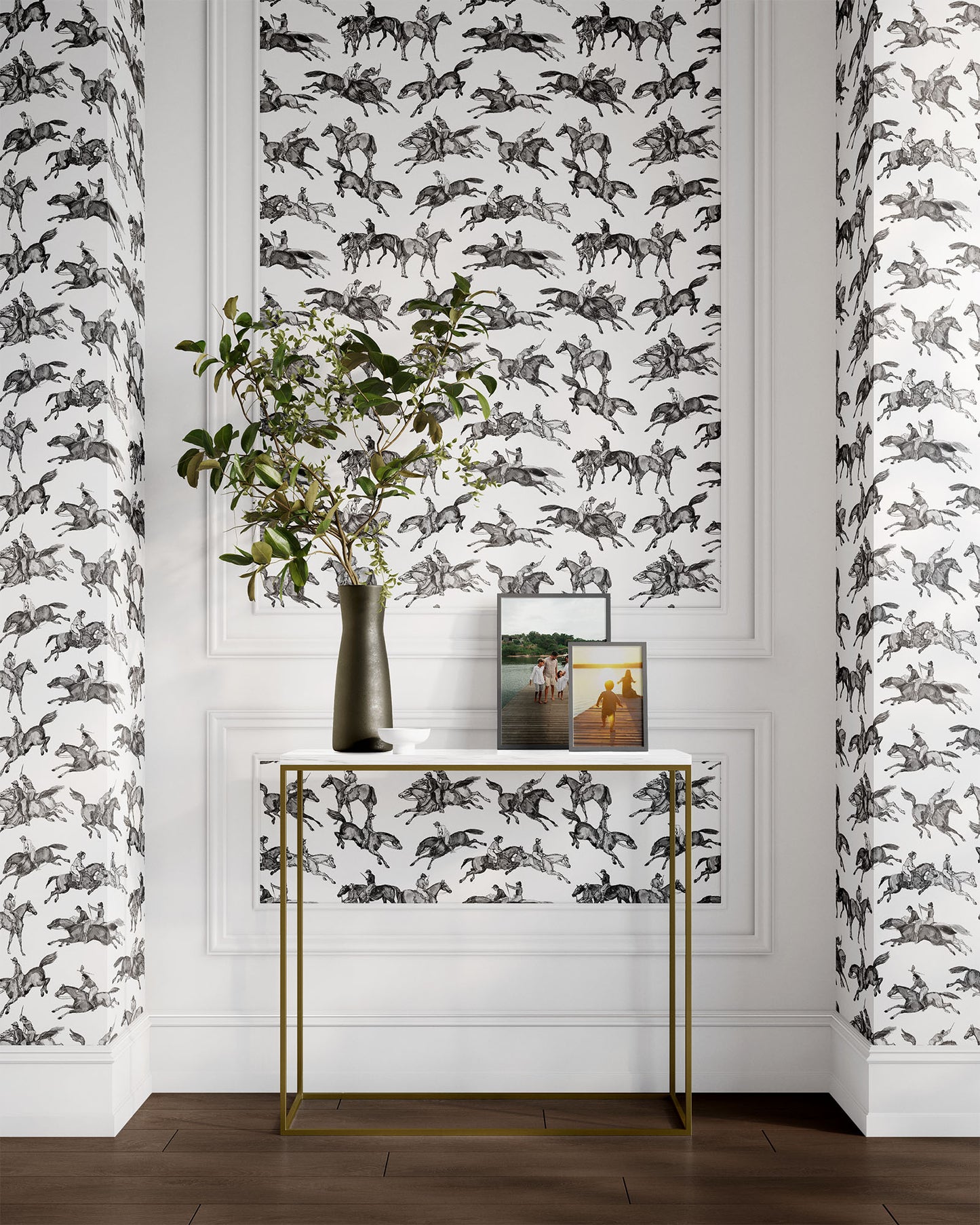 black-white_Wallpaper pattern consisting of derby horse riders in a hallway