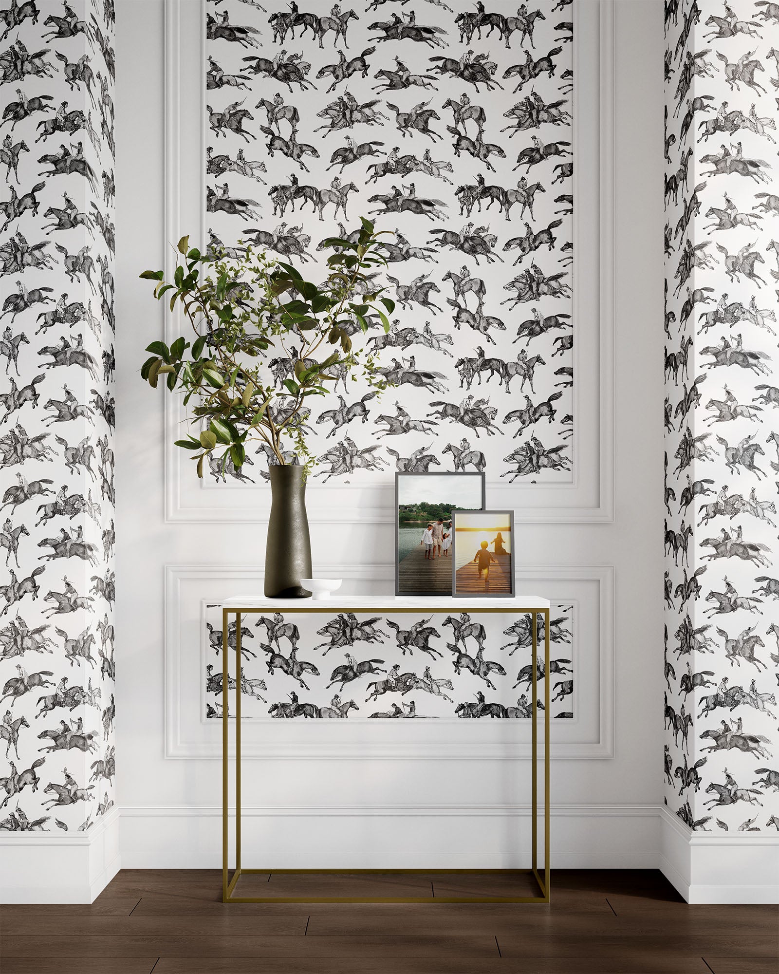 black-white_Wallpaper pattern consisting of derby horse riders in a hallway