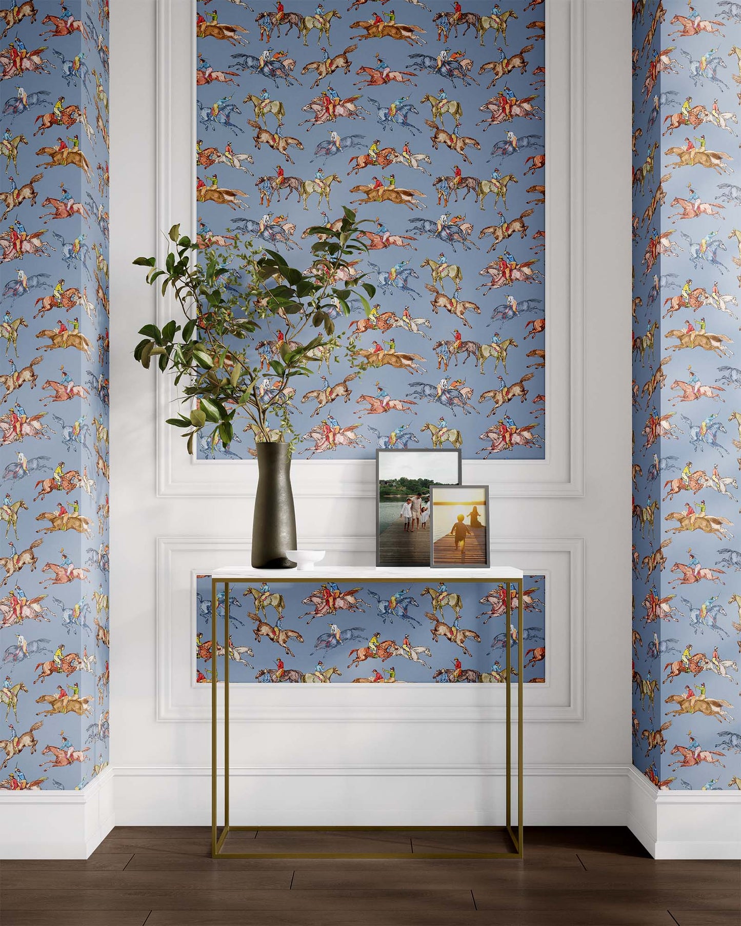 blue_Wallpaper pattern consisting of colorful derby horse riders on a blue background