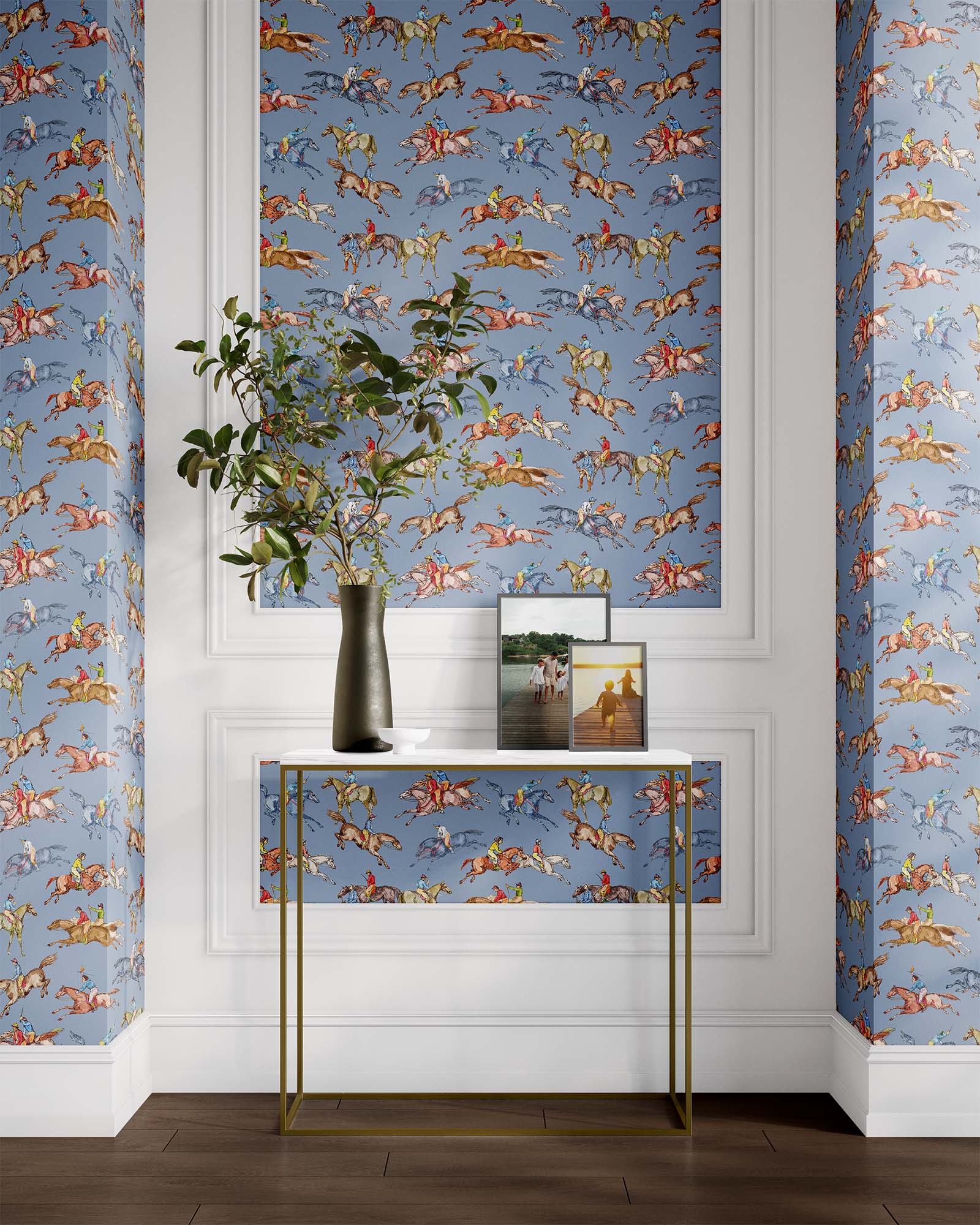 blue_Wallpaper pattern consisting of colorful derby horse riders on a blue background