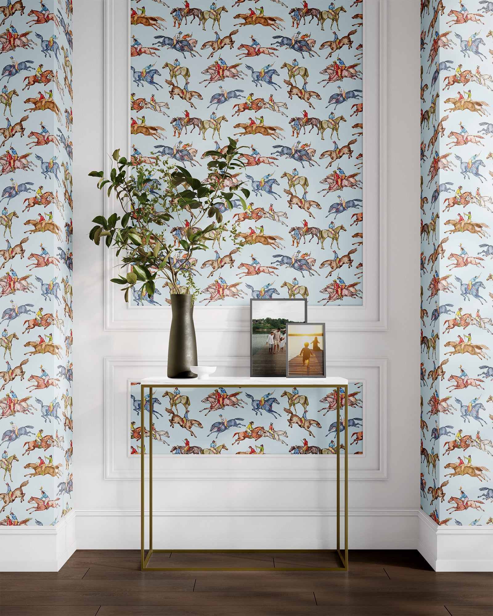 light-blue_Wallpaper pattern consisting of colorful derby horse riders on a light blue background in a hallway
