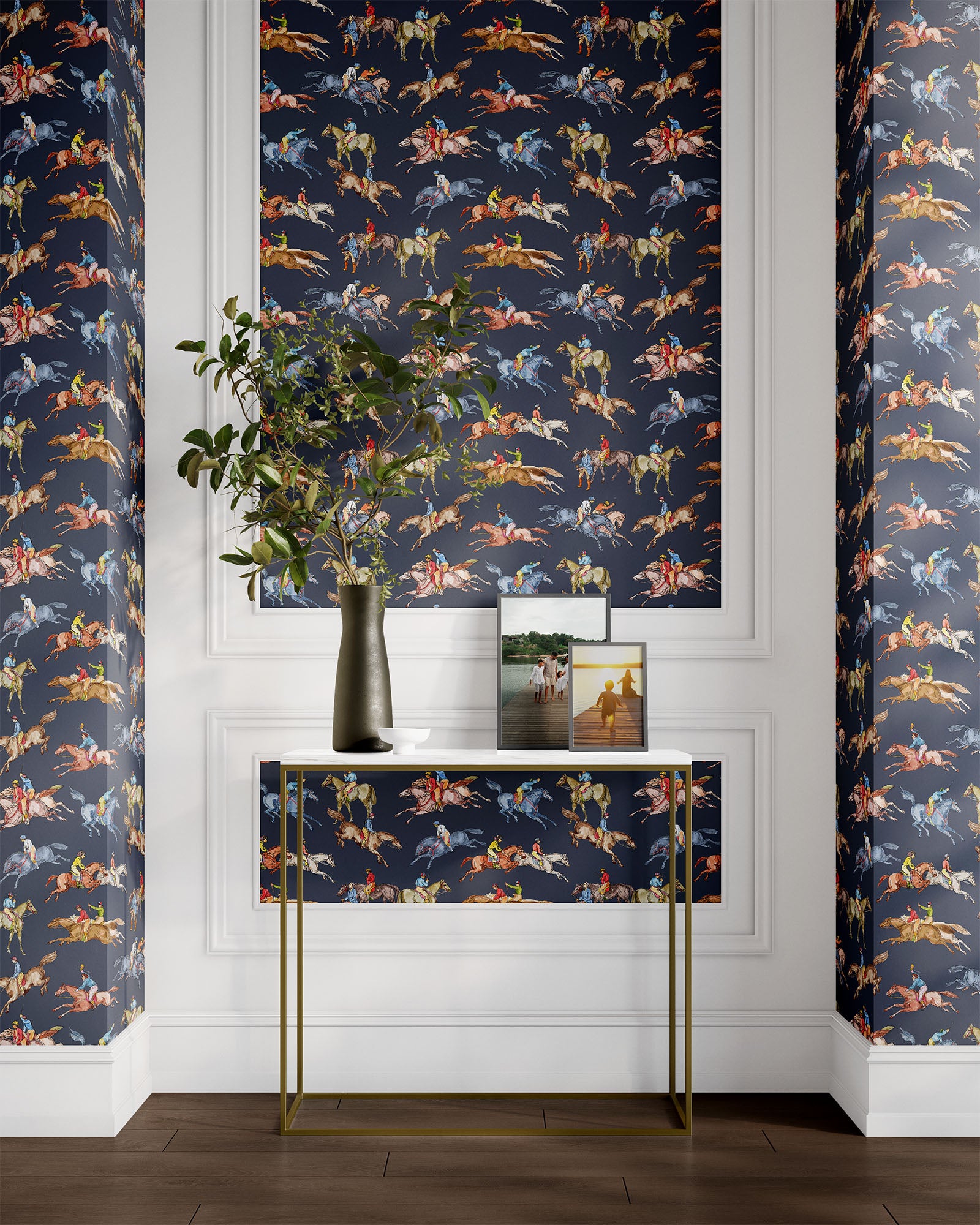 navy_Wallpaper pattern consisting of colorful derby horse riders on a light navy background in a hallway