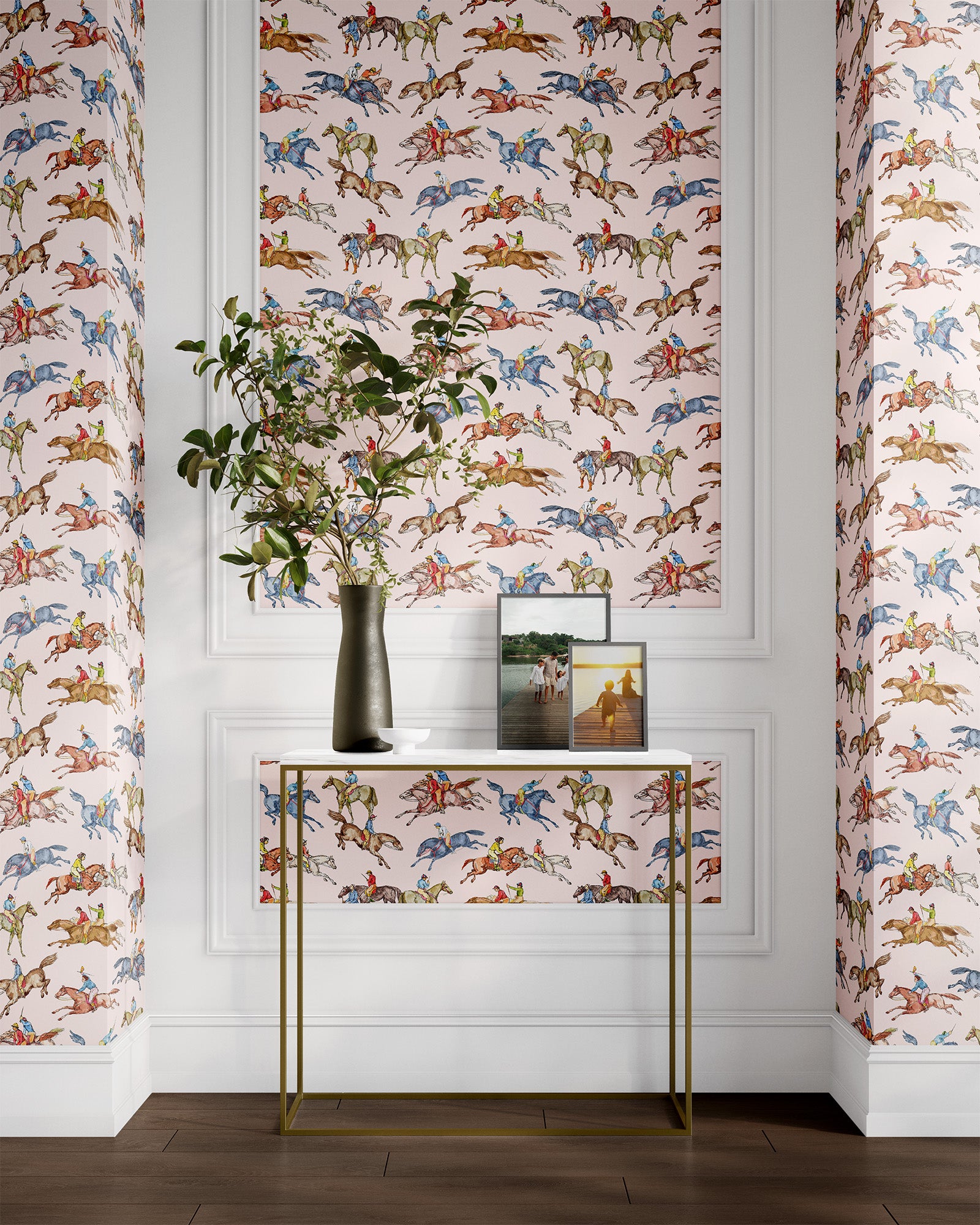 pink_Wallpaper pattern consisting of colorful derby horse riders on a pink background