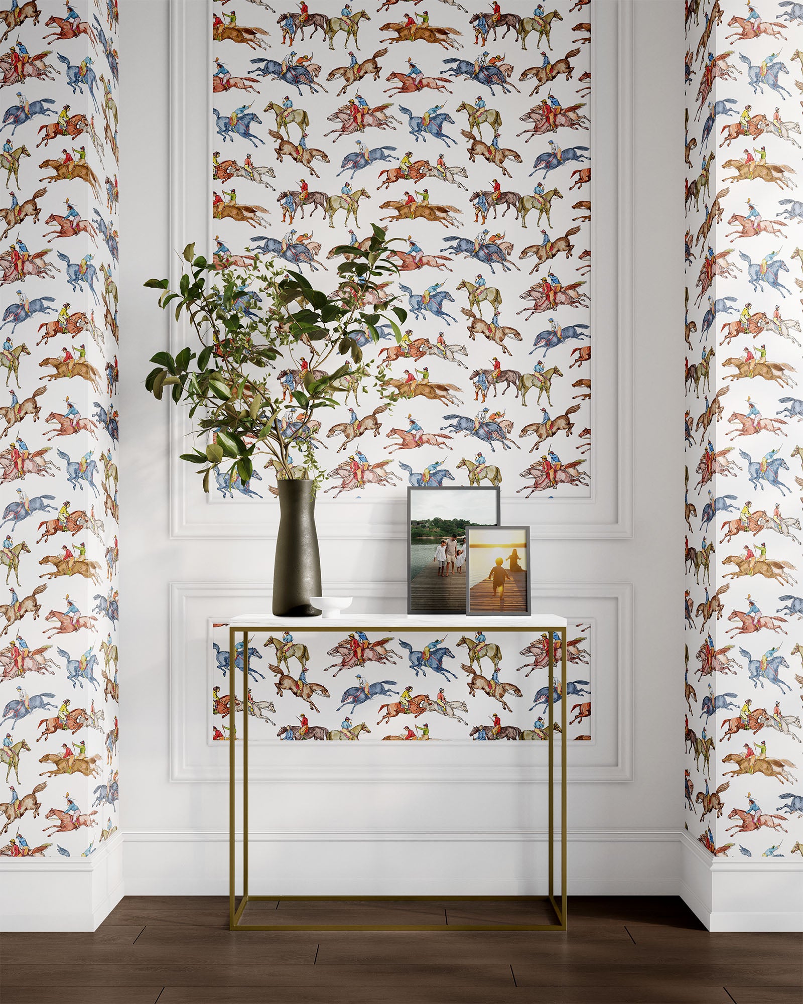 white_Wallpaper pattern consisting of colorful derby horse riders on a white background in a hallway