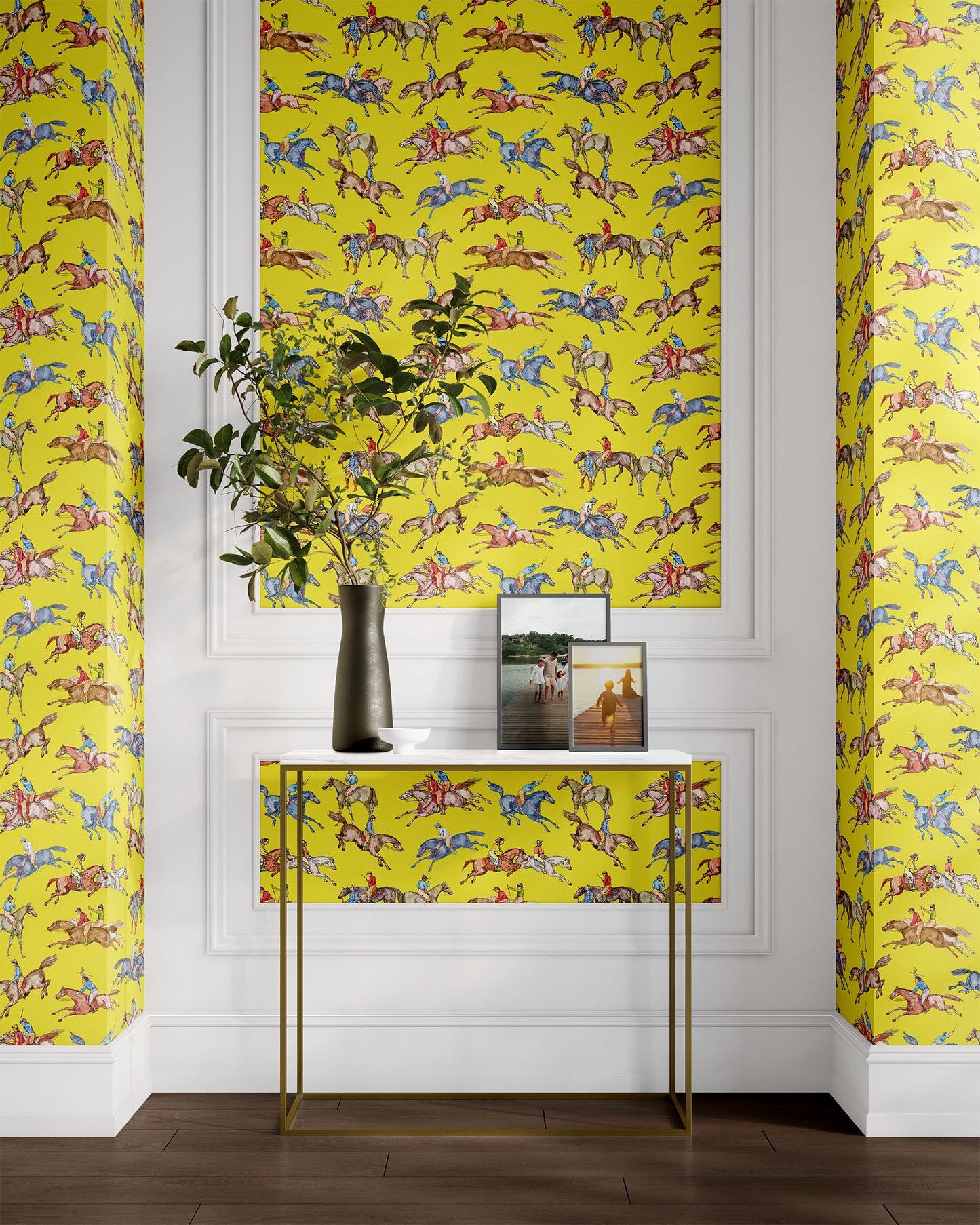 yellow_Wallpaper pattern consisting of colorful derby horse riders on a yellow background