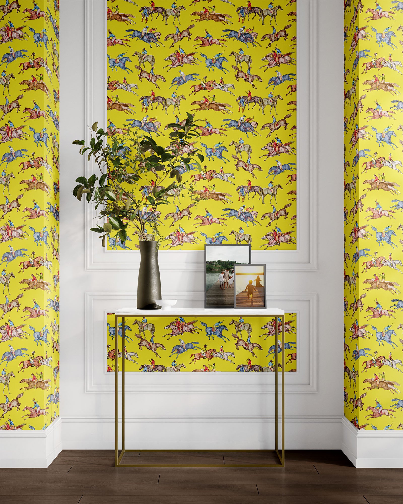 yellow_Wallpaper pattern consisting of colorful derby horse riders on a yellow background