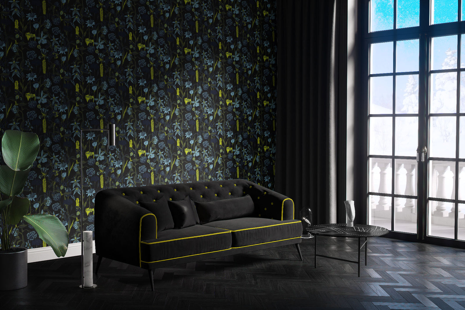 black_wallpaper displaying a floral pattern with various flowers in shades of dark blue, gray, and yellow on a black background in a large living room