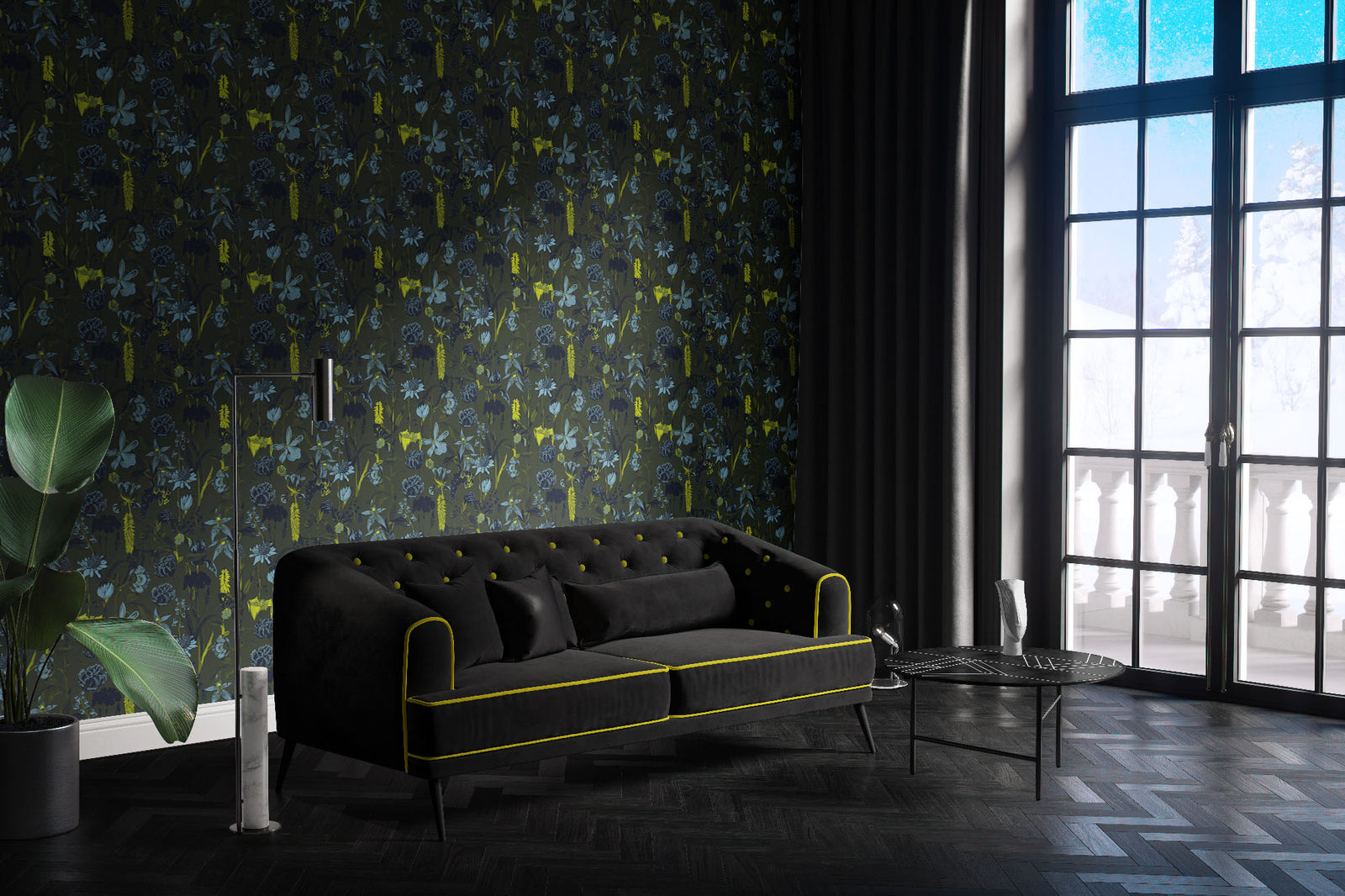 green_wallpaper displaying a floral pattern with various flowers in shades of dark blue, gray, and yellow on a green background.