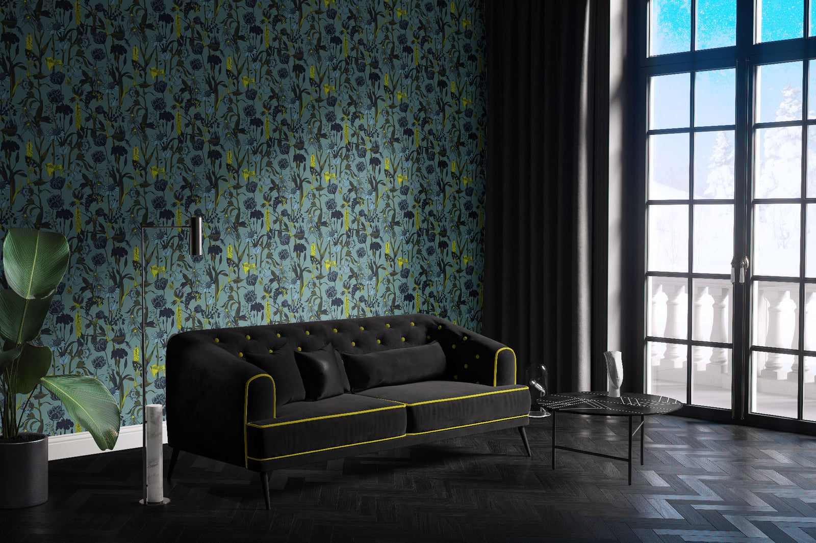light-blue_wallpaper displaying a floral pattern with various flowers in shades of dark blue, gray, and yellow on a light blue background.